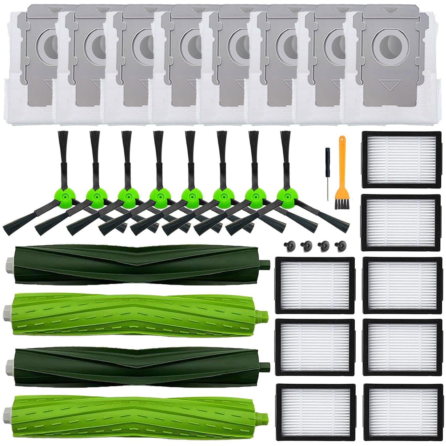 26 Pack Replacement Parts Accessories Compatible for iRobot Roomba i3 i3+ i7 i7+ i4 i6 i6+i8 i8+/Plus E5 E6 E7 J7 i5+j5+ I,E&J Series Vacuum Cleaner 2 Roller Brush & 8 Filters & 8 Side Brushes &8 bags