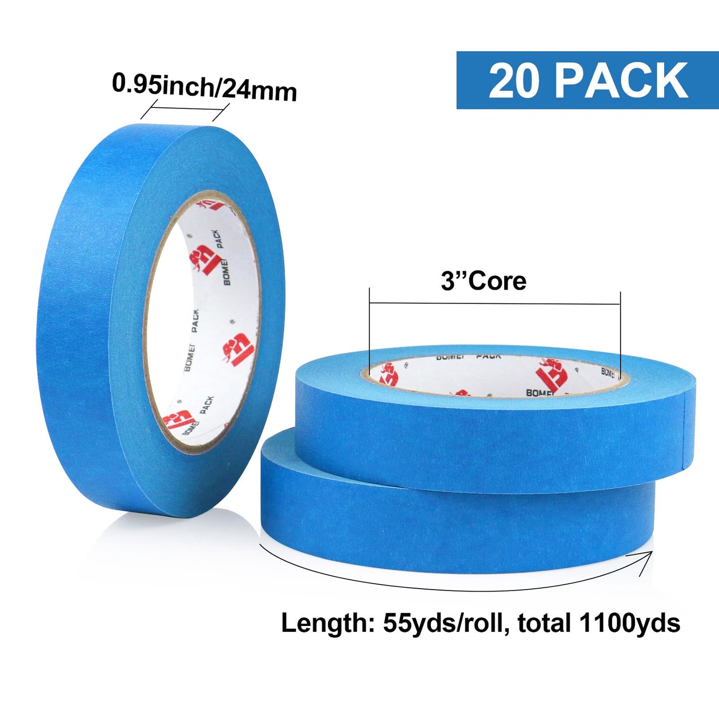 BOMEI PACK Blue Painters Tape 1 Inch Bulk - Paint Tape 20 Rolls x 1 Inch x 55 Yards - Blue Masking Tape for Walls Painting, DIY Crafting, Edge Finishing and School Projects, Total 1100 Yards