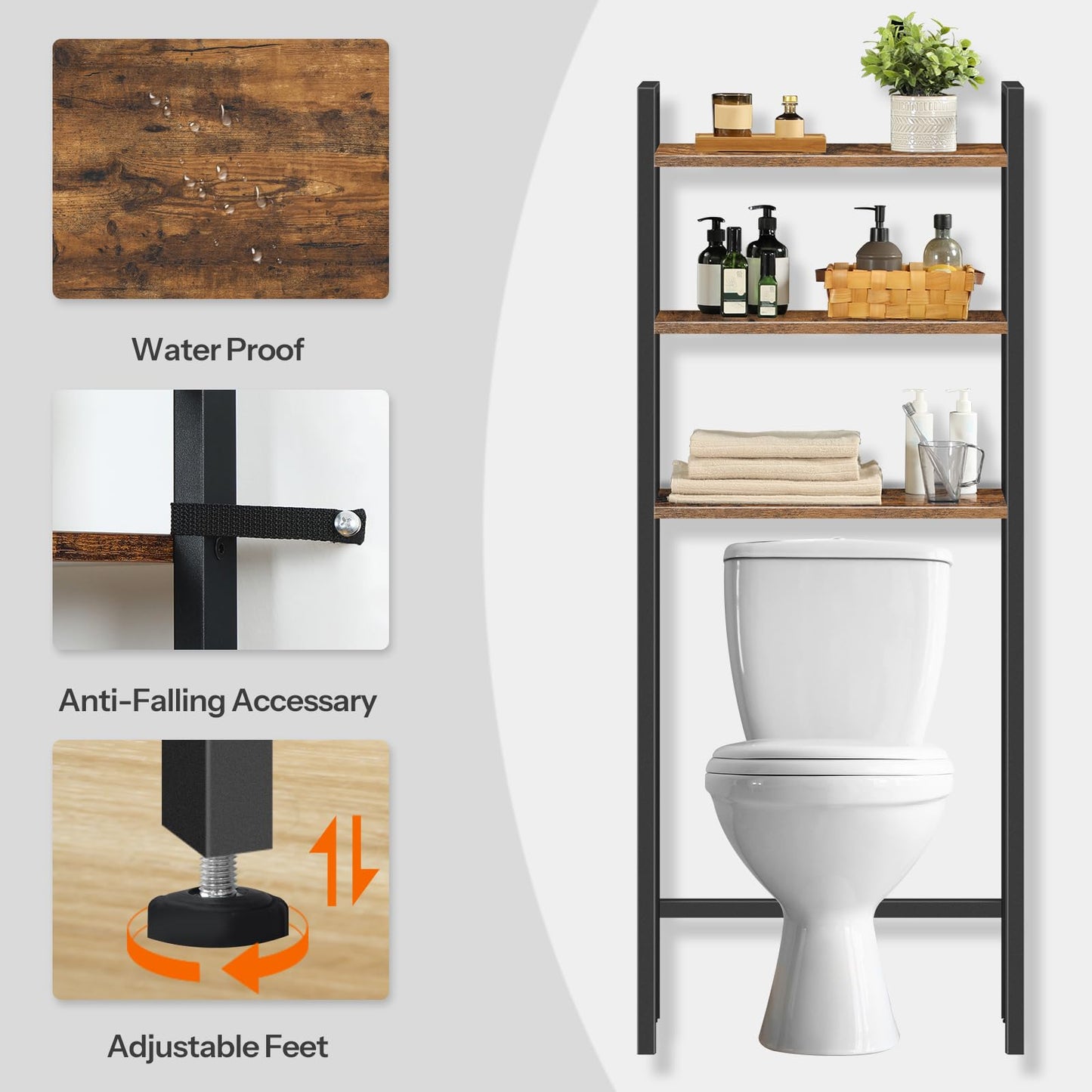 HOOBRO Over The Toilet Storage, 3-Tier Bathroom Organizer Shelf Over Toilet, Freestanding Bathroom Storage Shelves, Space Saver, Easy to Assemble for Room, Rustic Brown and Black BF41TS01