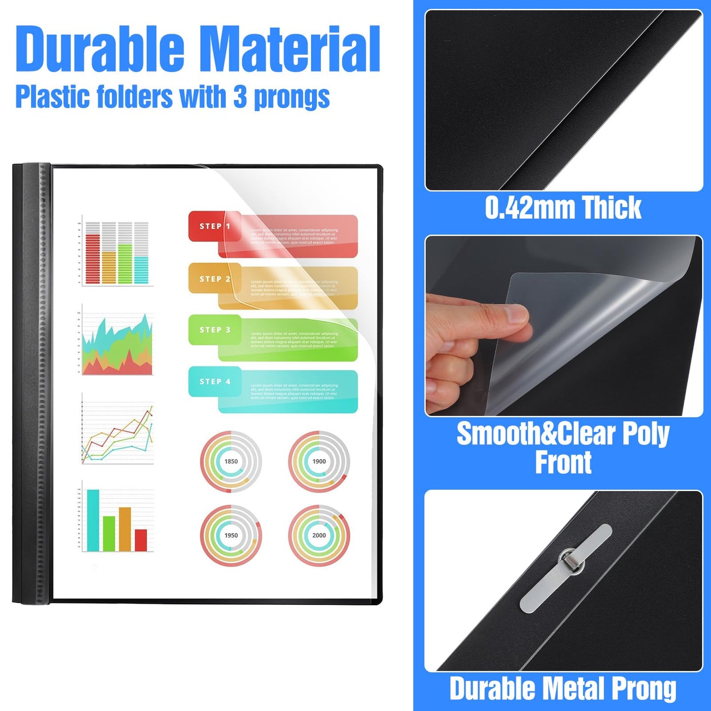 50 Pack Plastic Report Covers with 3 Prong Fasteners Clear Front Resume Portfolio Folder 3 Metal Prongs Presentation Folders for Office School (Black)