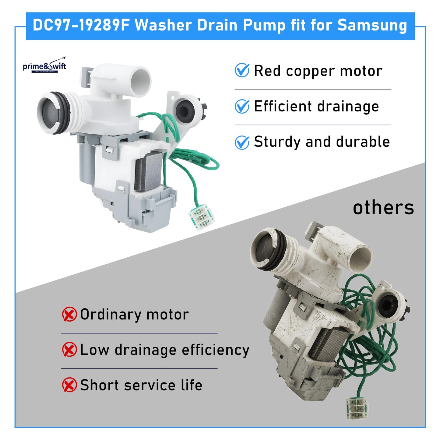 Upgraded DC97-19289F DC97-19289B PX3516-01 DC31-00178A Washer Drain Pump fit for Samsung DC97-19289A AP6034471 DC97-17366A DC97-17349B AP6806651 WA456DRHD WA48J7700AW WA45H7000AW prime&swift