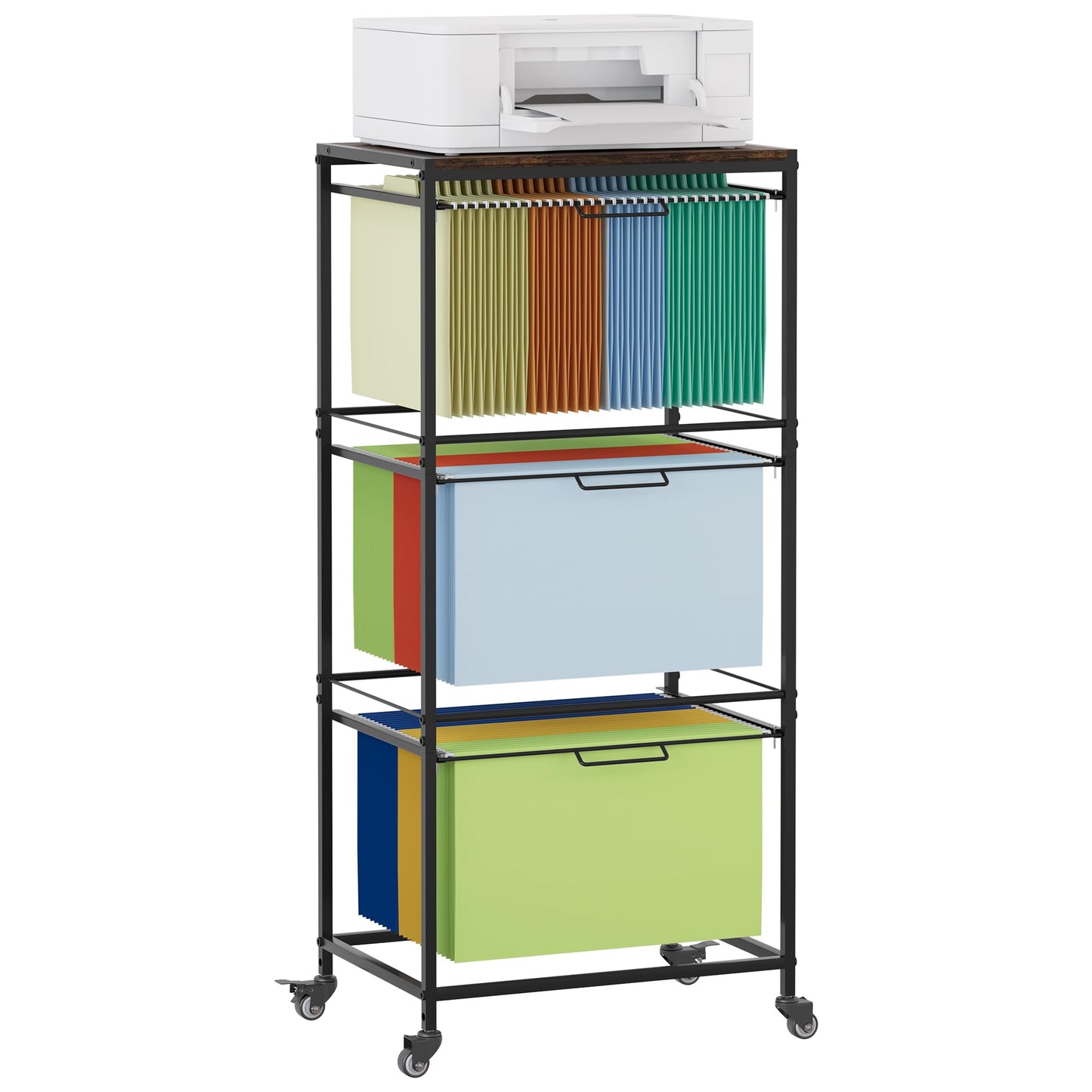 EasyPAG Rolling Hanging File Folder Cart, 3 Tier Metal Pull-Out File Rack for Letter and Legal Size Folders, Portable Filing Cart for Office Home, Black