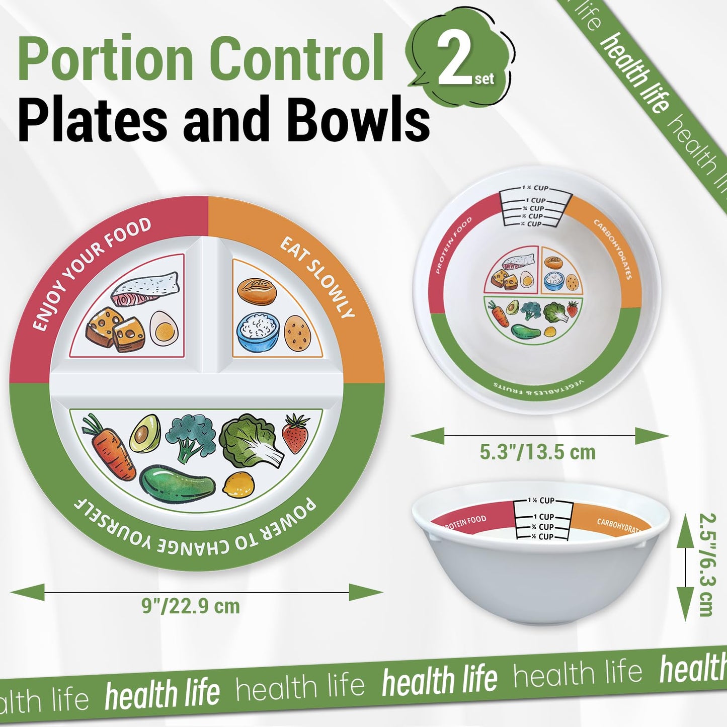 VIYNRAN 4 Pcs Portion Control Plates & Bowls Set (9 Inch), Self-Measuring for Weight Loss, Gastric Bypass, LapBand, Diabetes, & Healthy Diets, Divided Nutrition Plates for Adults & Children