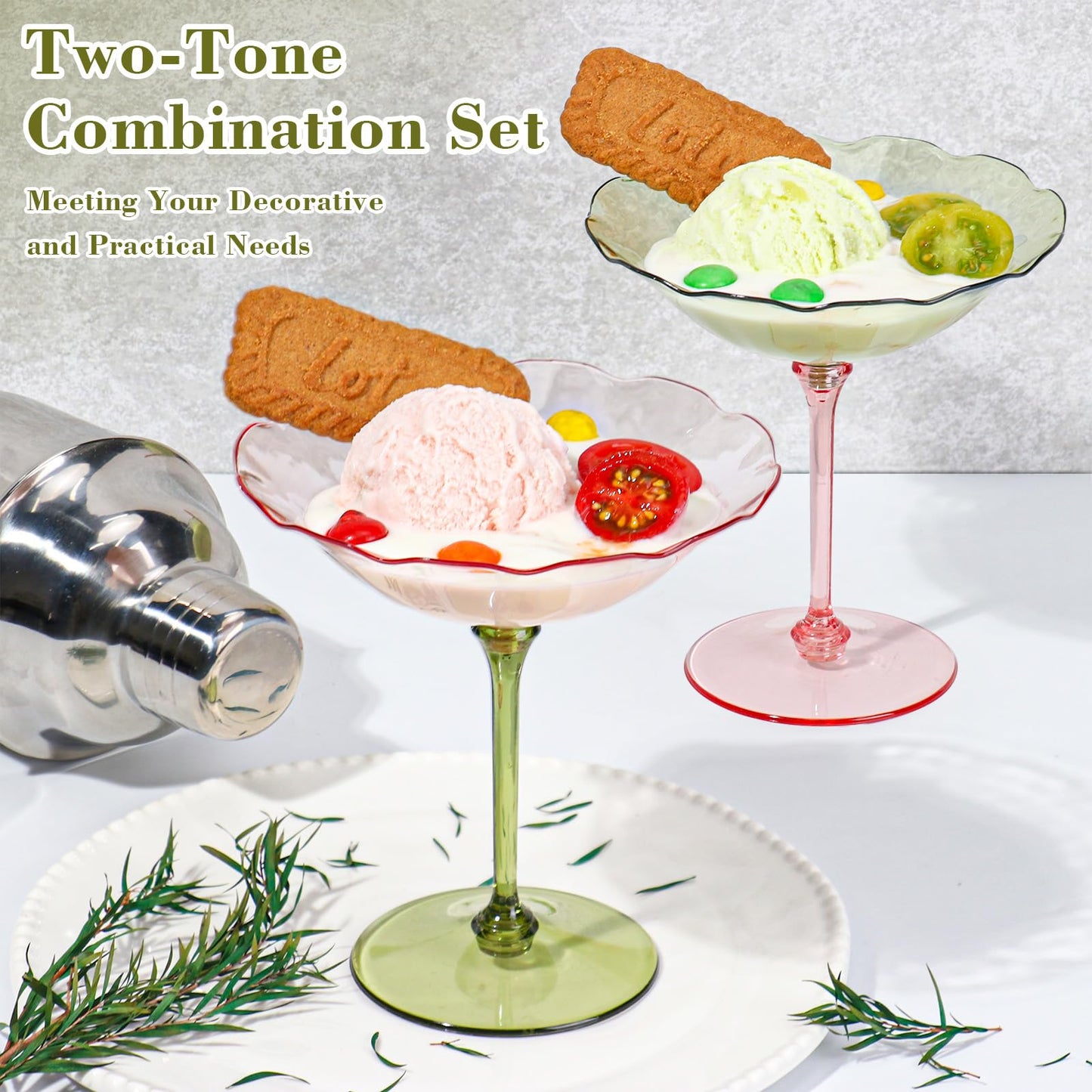 HKSZEH 24 Pcs Plastic Martini Glasses 7oz Flower Disposable Cocktail Coupe Glasses Pink and Green Martini Cup Vintage Detachable Dessert Parfait Glassware for Wedding Birthday Bachelorette Party