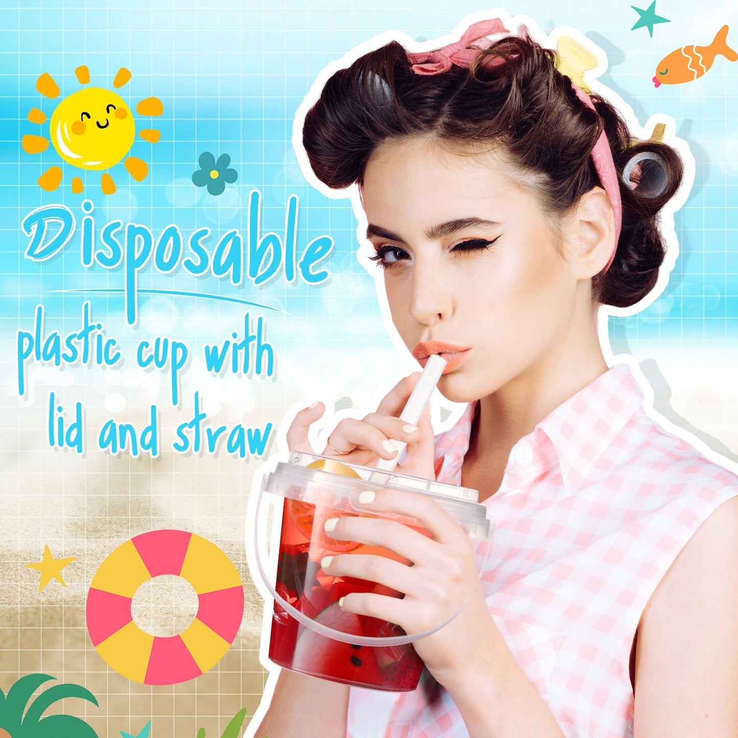 Funnymoom 50 Set 24oz Clear Plastic Drink Buckets with Lids and Straws Disposable Iced Coffee Cups Rum Buckets for Cocktail Parties Smoothie Cup Bulk with Handles for Beach Pool Party Supplies