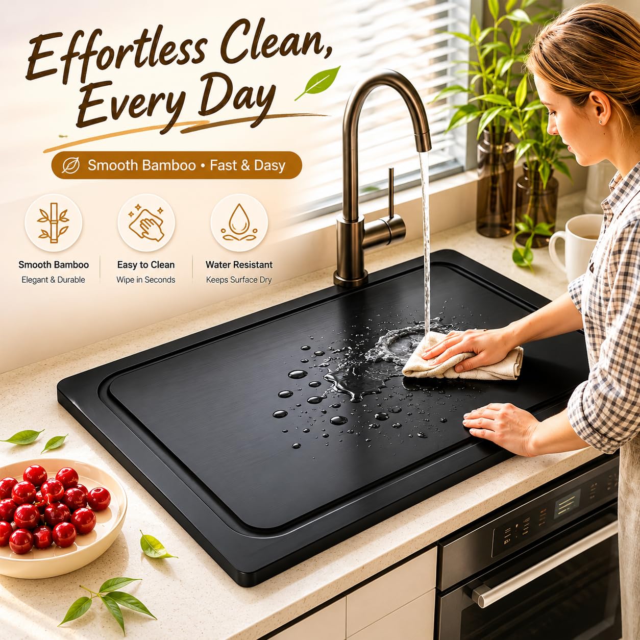 Wood Stove Cover for Electric Stove & Gas Range, 27.56" x 19.69" Black Lightweight Stovetop Cover with Built-In Handles, Juice Groove, Smooth Flat Surface for Extra Counter Space