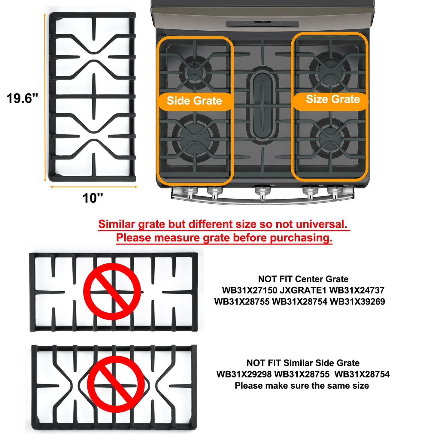 Upgraded WB31X27151 WB31X24736 Stove Grate Replacement for GE Stove Parts 19.6’’ x 10’’ Cast Iron Range Grate GE Range Surface Burner Grate General Electric Gas Cooktop Side Grate Rack