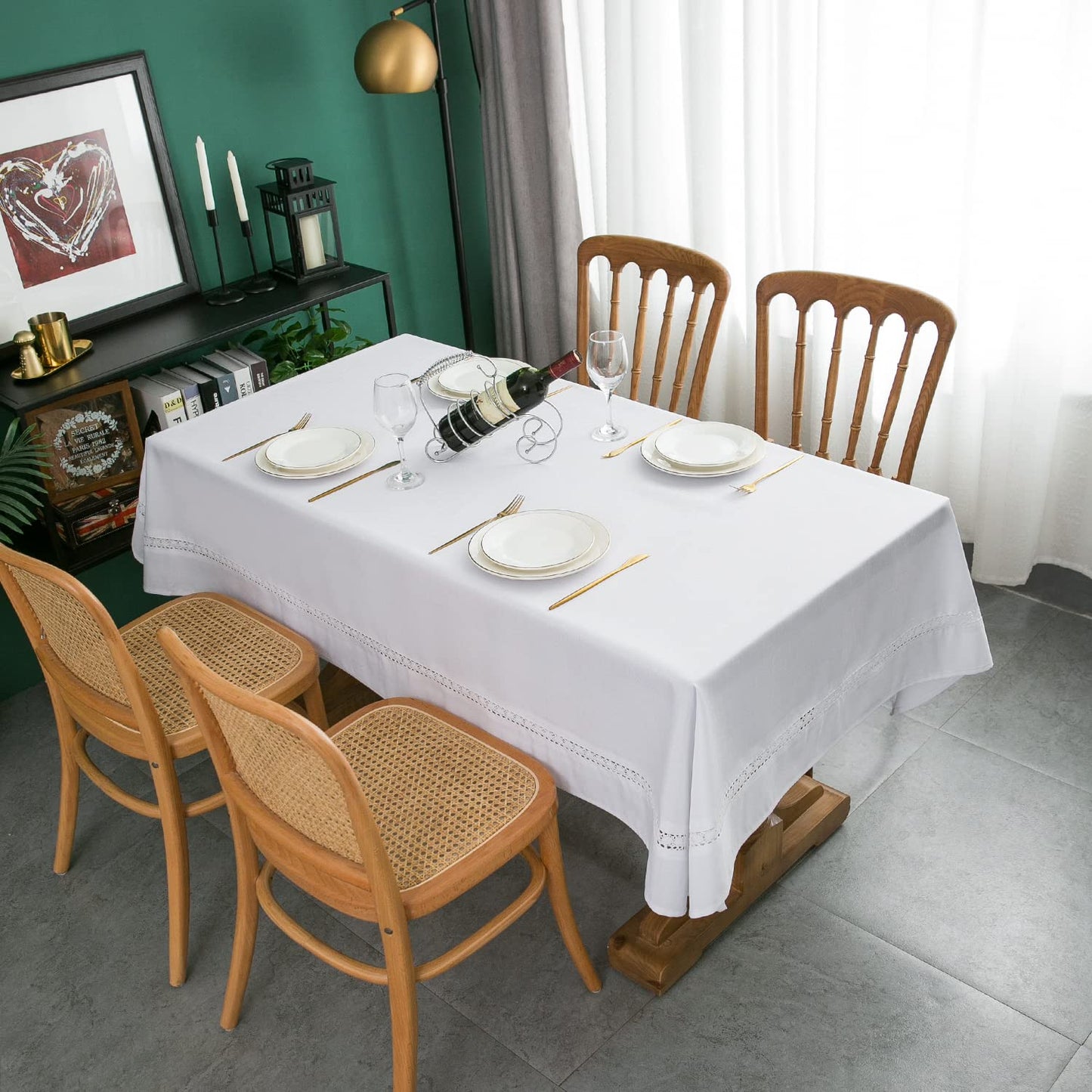 EHouseHome Heavy Duty Fabric Tablecloth with White Lace-Waterproof/Wrinkle Free/Stain Resistant/Oil Proof-for Dining,Indoor&Outdoor,Wedding,Holiday,White,Rectangle 60x120Inch