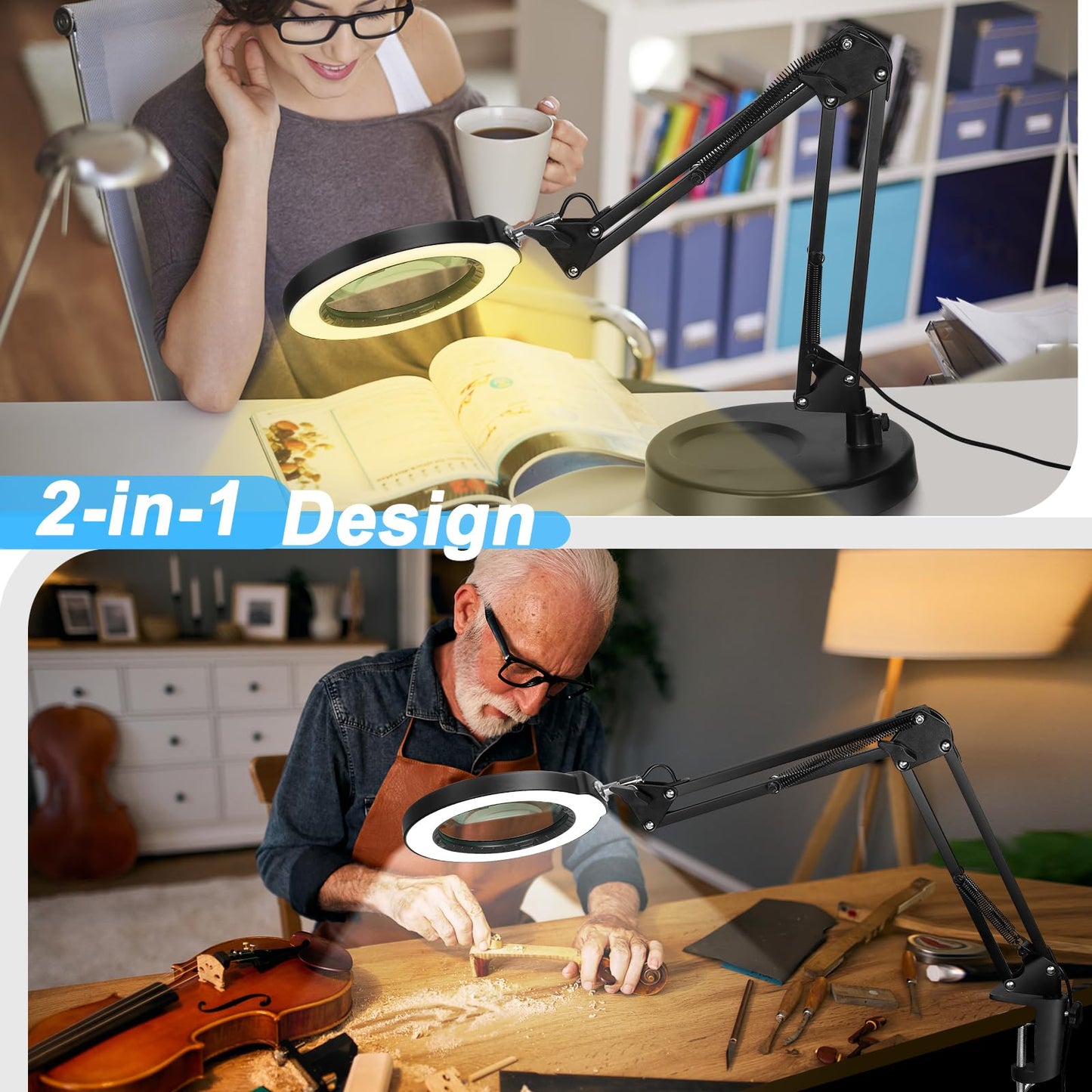 Coyeth 10X Magnifying Glass with Light and Stand, 5 Color Modes Stepless Dimmable 2-in-1 Lighted Magnifier with Clamp, LED Desk Lamp Hands Free for Crafts Hobby Reading Painting Sewing Close Work