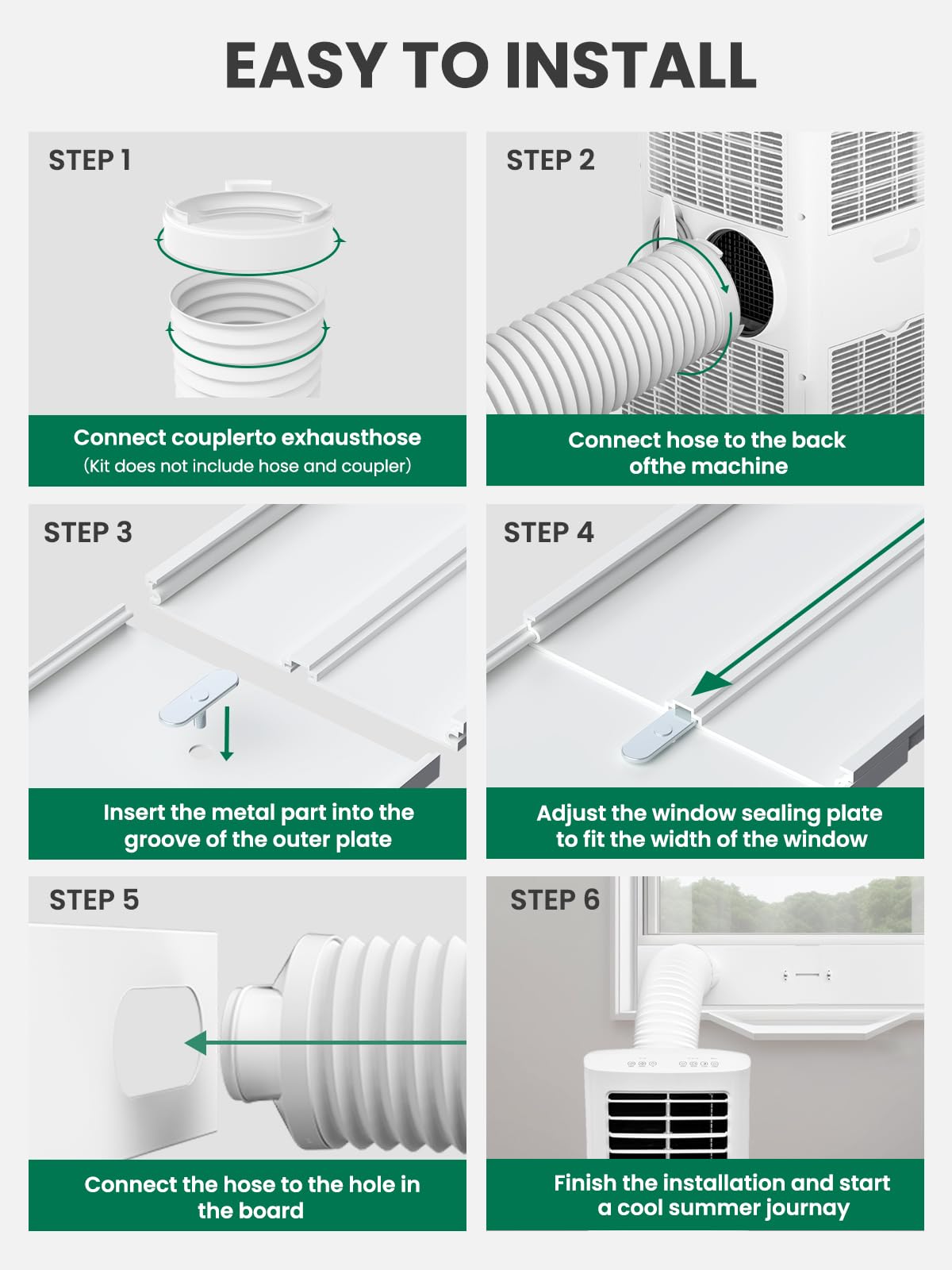 Plusluck Upgraded Portable Air Conditioner Window Vent Kit, With 5.9 Exhaust Hose, 6 Slide Seal Plates, Universal Coupler, Adjustable AC Vent Kit Ducting Universal for Horizontal & Vertical Windows