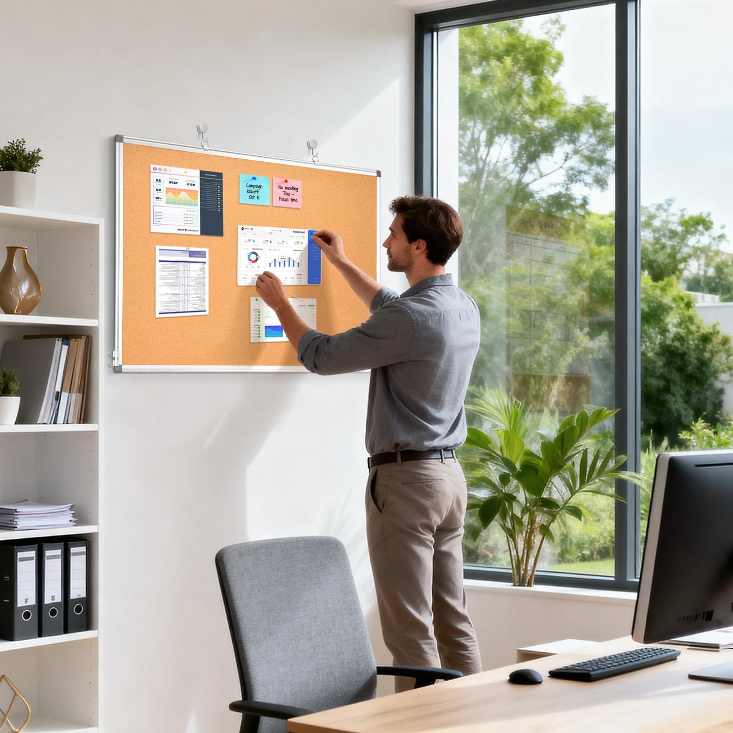 Double-Sided Cork Bulletin Board for Wall, WALGLASS 36" x 24" Hanging Wall Mounted Notice Board, Pin Display Vision Cork Board, Aluminium Framed Large Message Corkboard for Office, Home, School