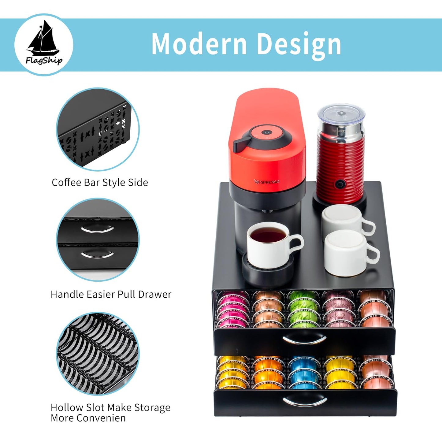 FlagShip for Vertuo Pod Holder Coffee Pod Storage for Nespresso Pod Organizer Large Capacity Fits All Size Vertuo Pods 2 Tier Drawer