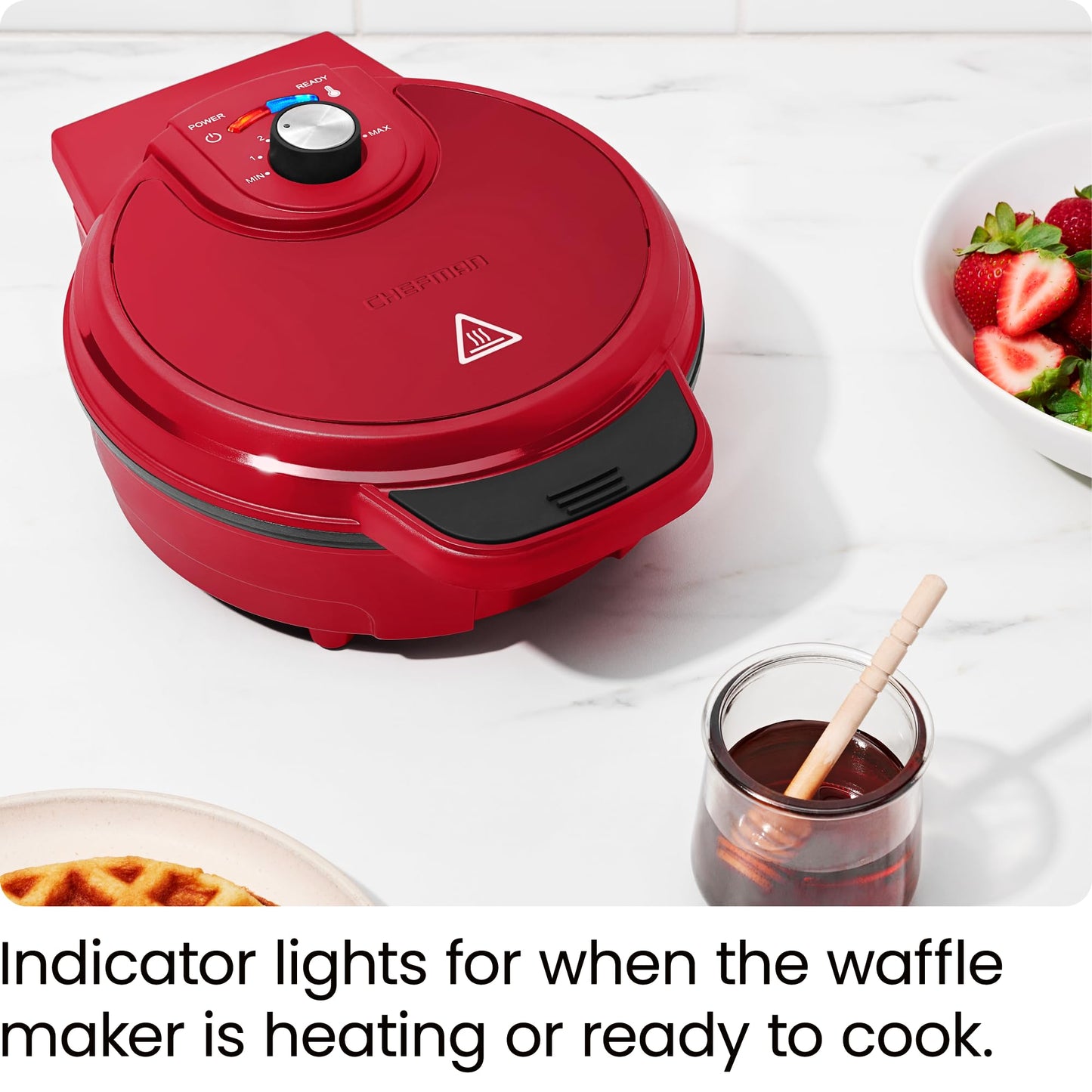 Chefman Anti-Overflow Belgian Waffle Maker w/Shade Selector, Temperature Control Mess Free Moat, Round Iron w/Nonstick Plates & Cool Touch Handle, Measuring Cup Included, Red