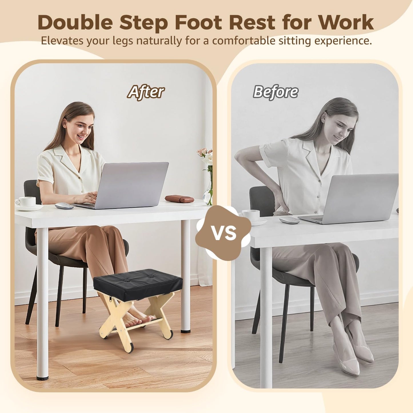 Double Step Foot Rest Under Desk, Ergonomic Wood Foot Stool with PU Cushion Top, Desk Foot Rest for Office Chair, Under Desk Footrest Stool for Work, Leg Rest Support (Natural Wood)