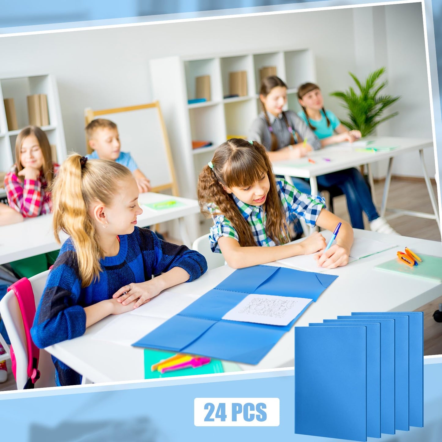 Tenceur 24 Pcs Plastic 3 Pocket Folders, Tri Fold School Folders Bulk for Students Teachers Classroom and Office, Durable Pocket Folder for Back to School Supplies (Blue)