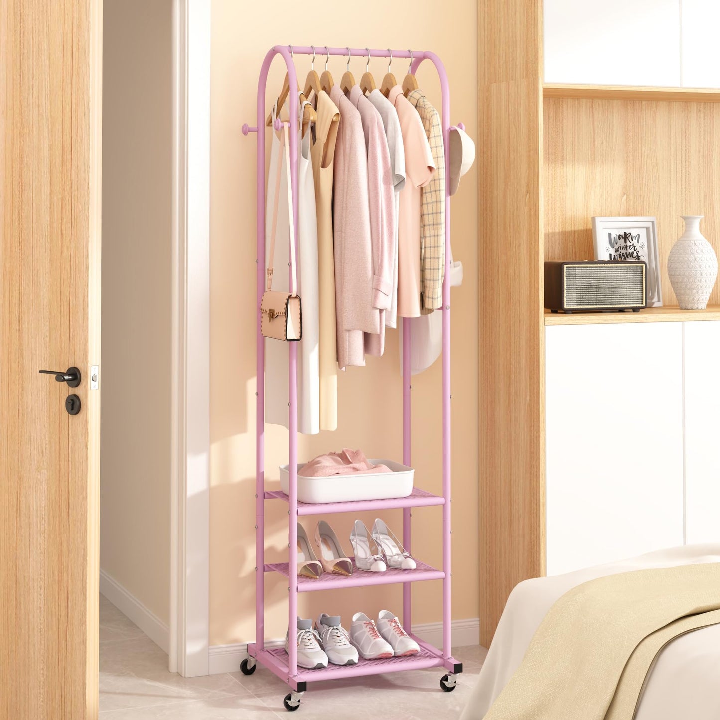 Kaitiemoo Heavy Duty Clothing Rack with Wheels,Modern Garment Rack with 3 Metal Shelves, 71.8Inches Display Rack for Hanging Clothes, Hanging Rod for Small Space,Pink