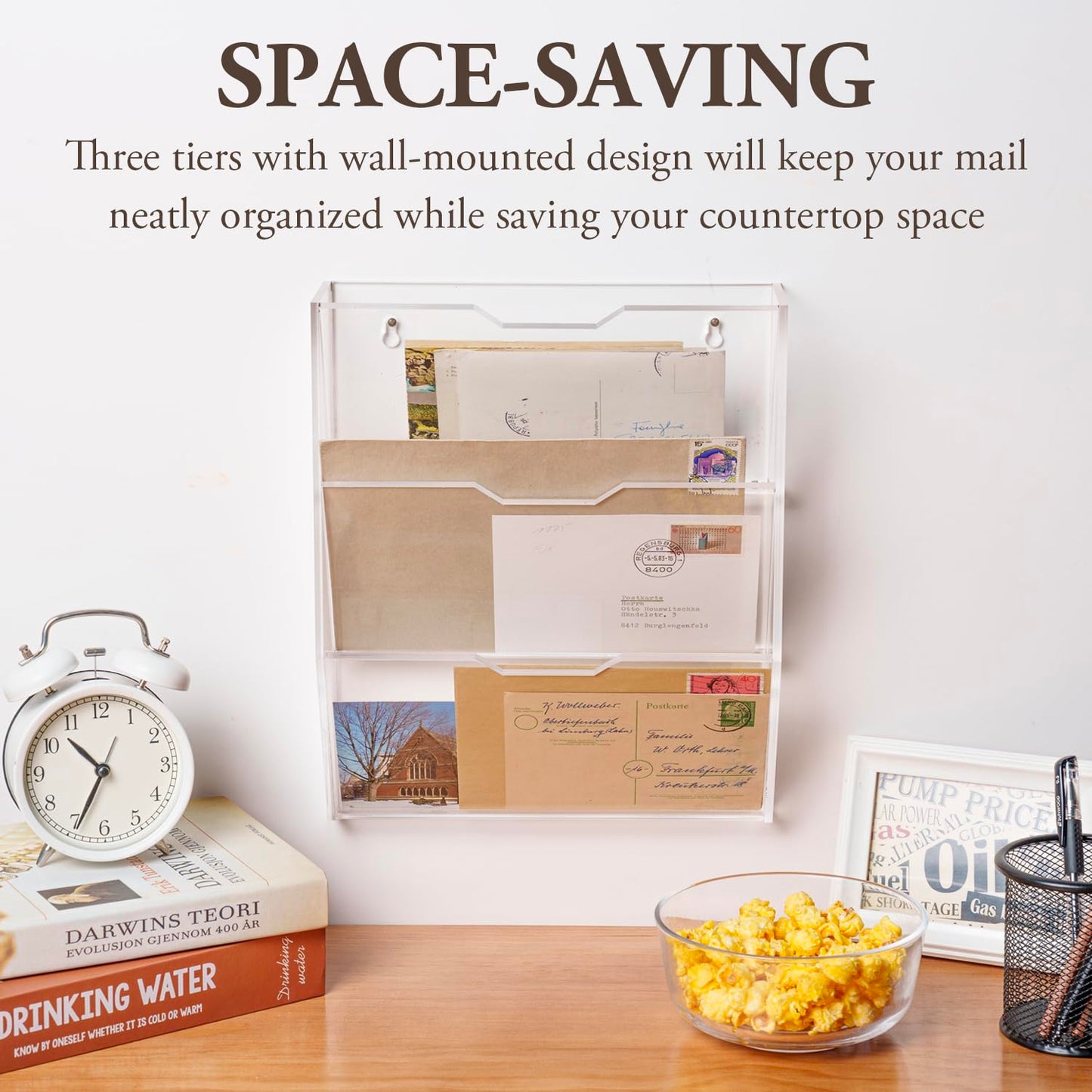 MyGift 3 Tier 10 Inch Clear Acrylic Mail Sorter, Wall Mounted Letter Holder for Home Entryway or Office Document Organizer Rack