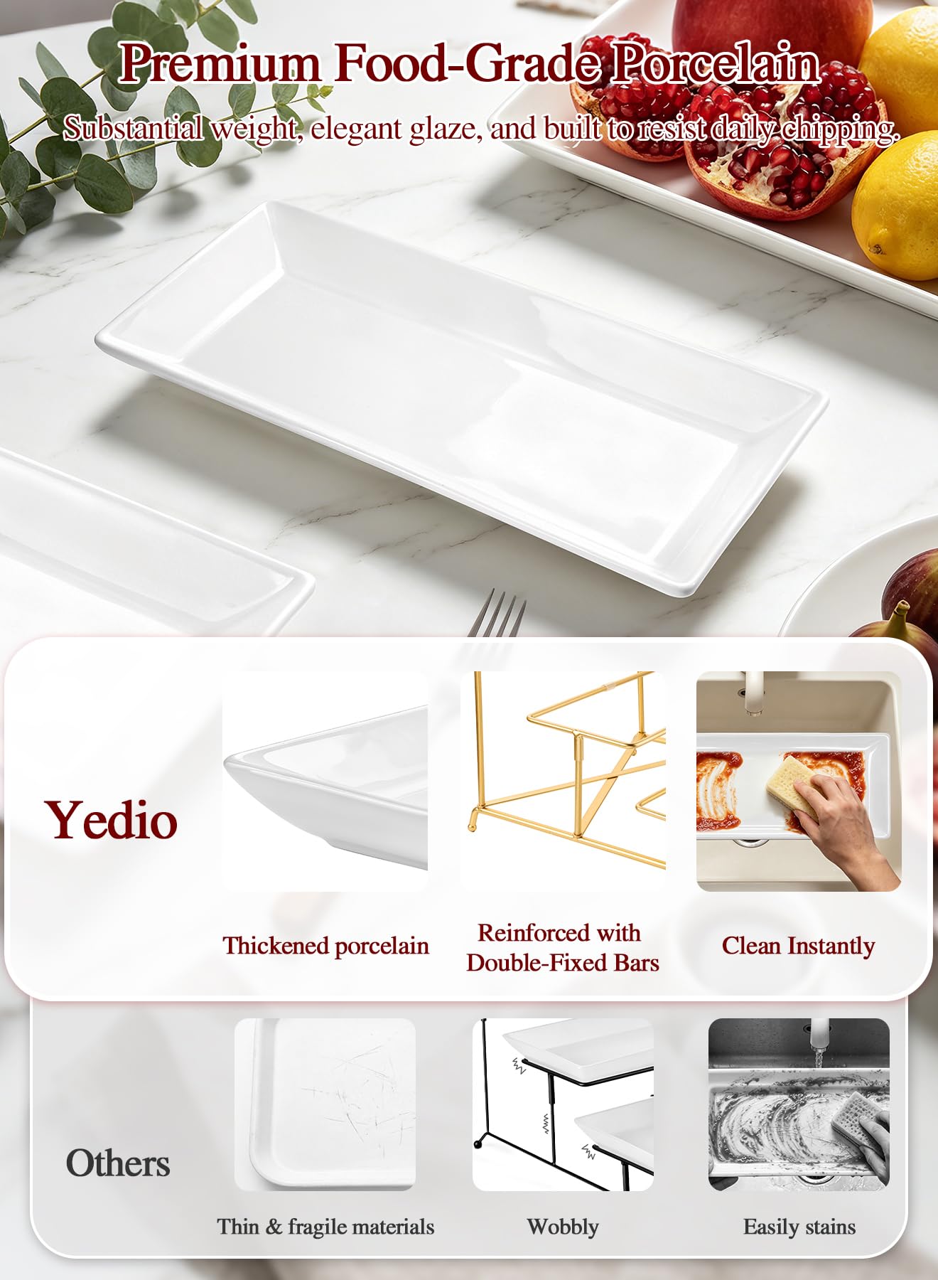Yedio 3 Tier Serving Tray Set 14 Inch Porcelain Tiered Serving Platters, Collapsible Sturdier Stand with Stable Cross Bars, Three Layer Serving for Party Entertaining Food Display Fruit Dessert