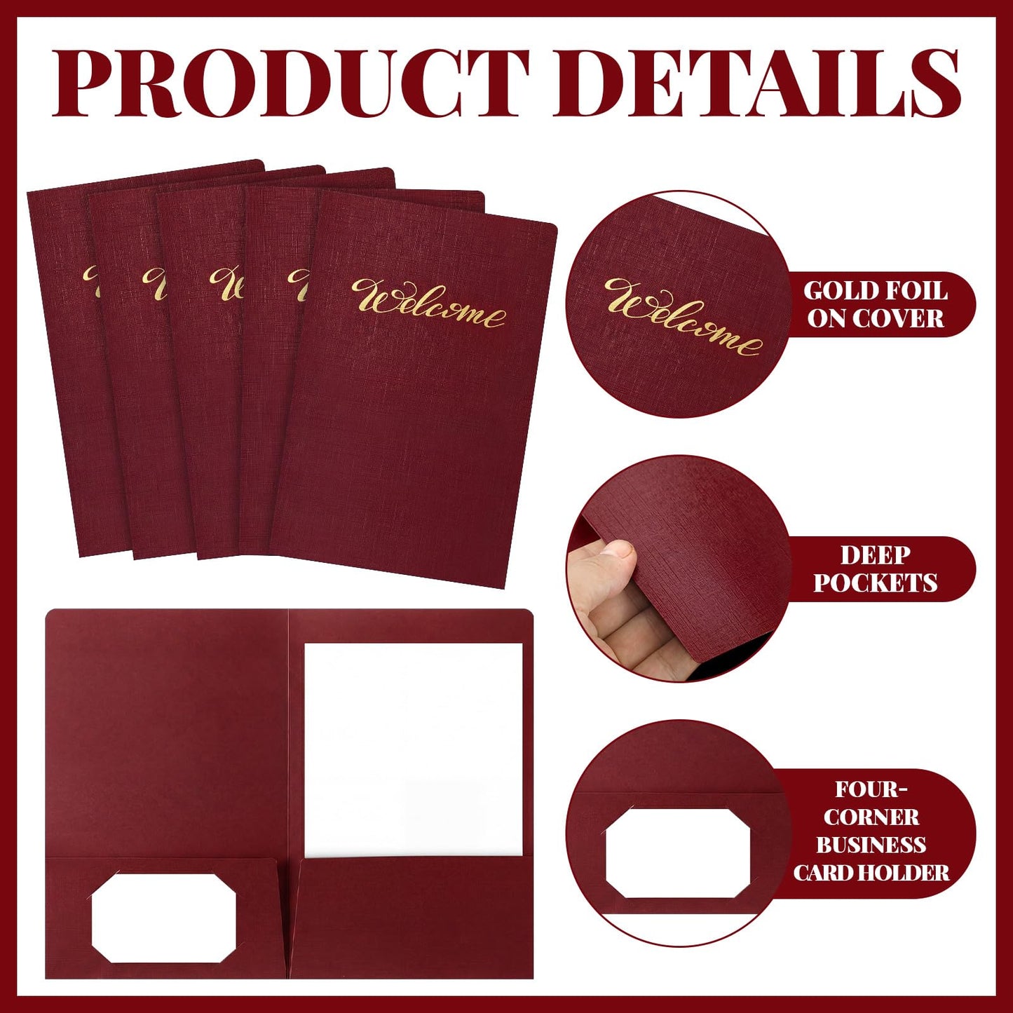 Affrolling 50 Pack 6 x 9 Inch Welcome Pocket Folders Welcome Folder Presentation Folder Employee File Folders for Weddings, Party, Conference, Seminars, Bar Mitzvah (Burgundy Linen)