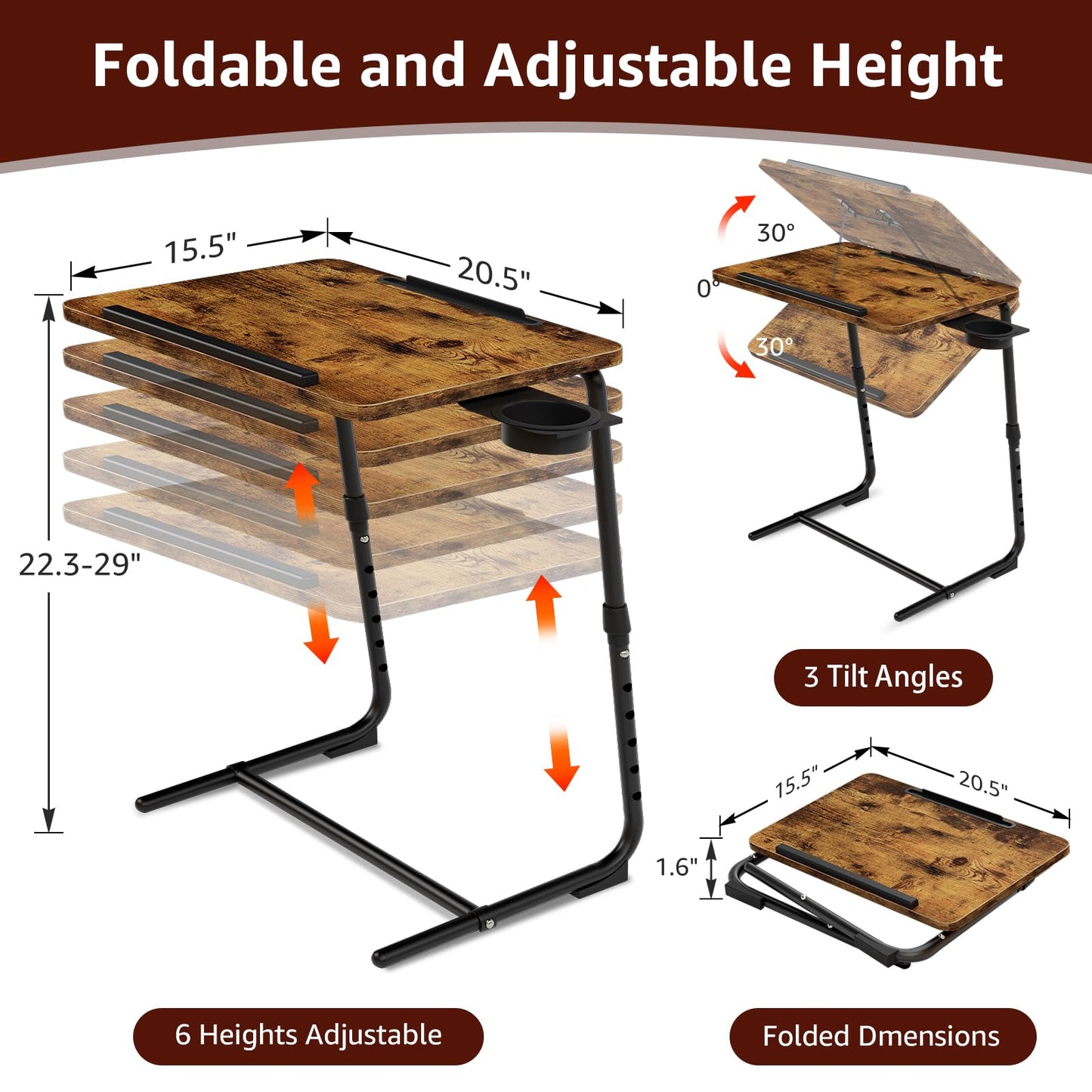 Folding TV Tray Adjustable Dinner - Trays for Eating On Couch Wooden Tables Mate Stand Foldable Desk with Cup Holder Portable