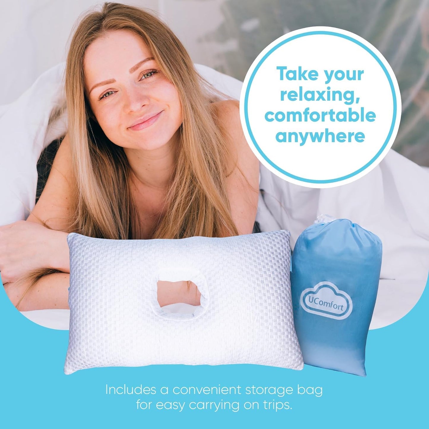 Ear Piercing Pillow for Side Sleepers alleviating Any Ear Pain and Inflammation. Small Sized 10"x18" Ear Pillow with Travel Bag, UComfort