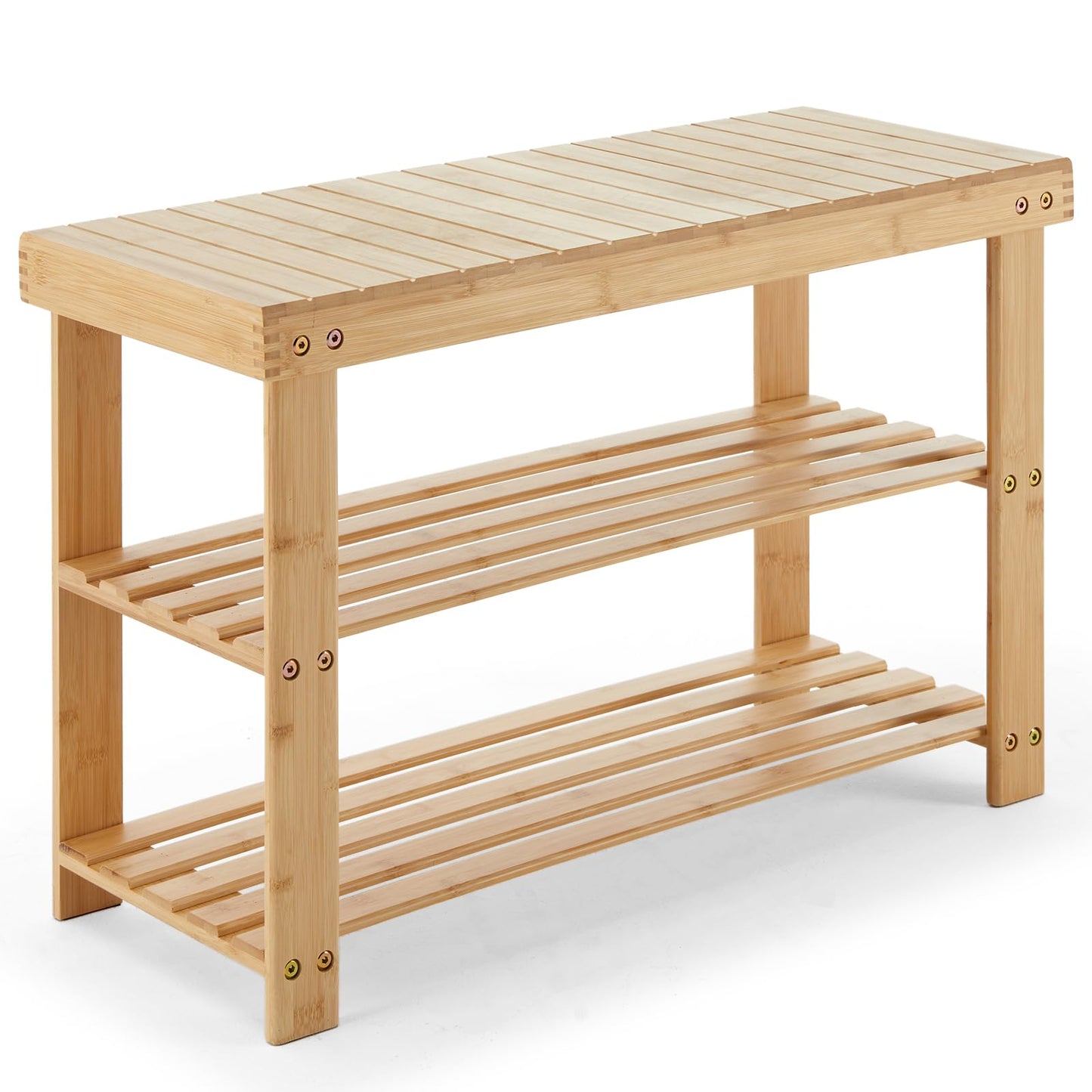 NEWBULIG Shoe Rack Bench, 3-Tier Bamboo Shoe Organizer, Wooden Entryway Storage Bench, 286 lb Load Capacity, 11.2x27.6x17.9 Inches, for Entryway Bathroom Bedroom Balcony, Wood