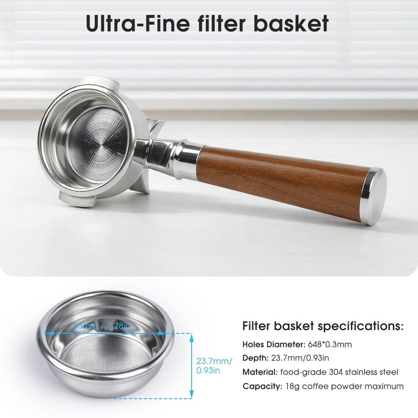KUCHZUBE 58mm Portafilter Double Spout Fits E61, Flair 58, ECM, Rancilio Silvia Machines | 2 Ears 58mm Portafilter with Filter Basket and Wooden Handle