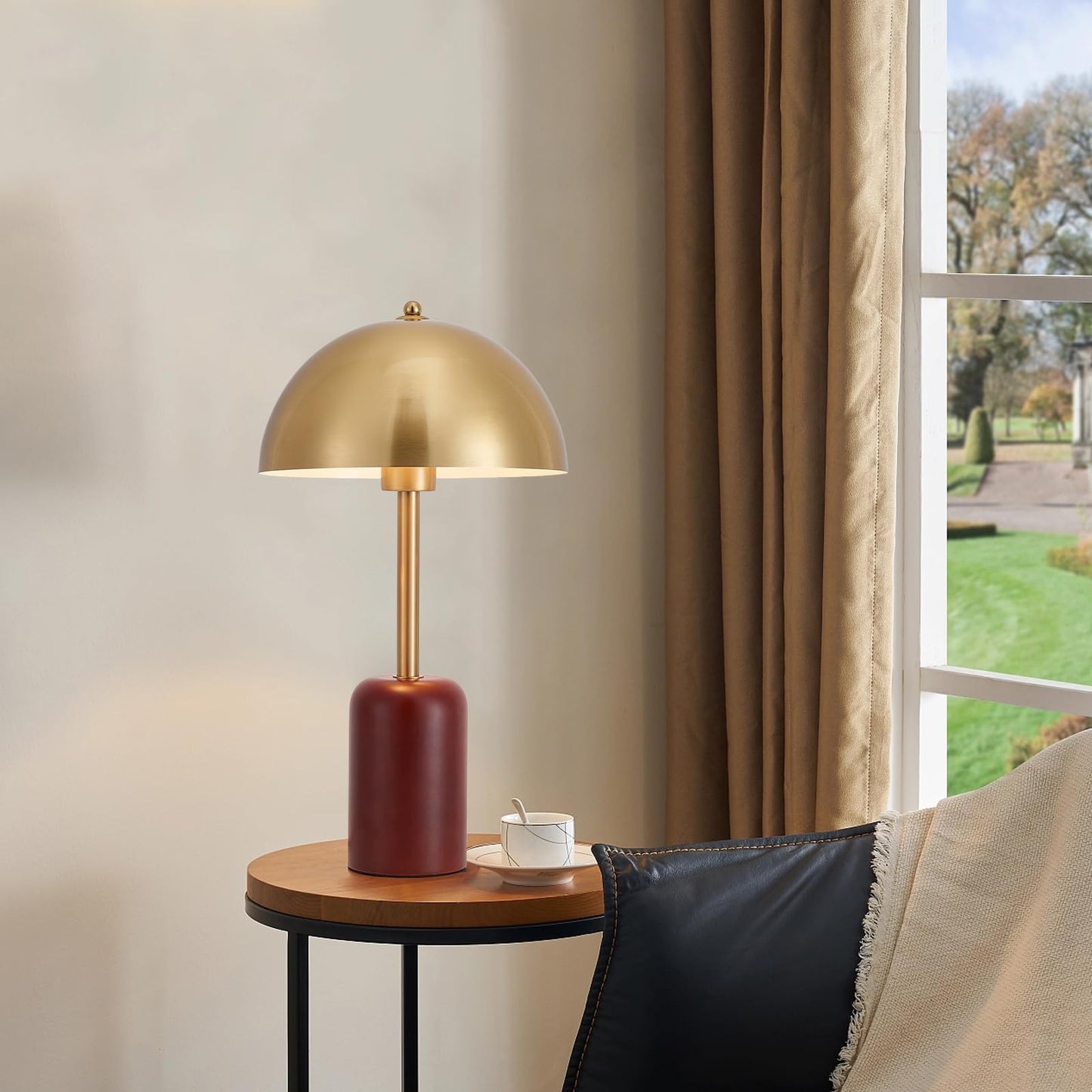 NUSRAN Bedside Table Lamp for Bedroom, Modern Plug in Brass Gold Shade & Cylindrical Wood Base Desk Lamp, Plug & Play Nightstand Lamp with Switch Power Cord for Living Room, Office 【Bulb Included】
