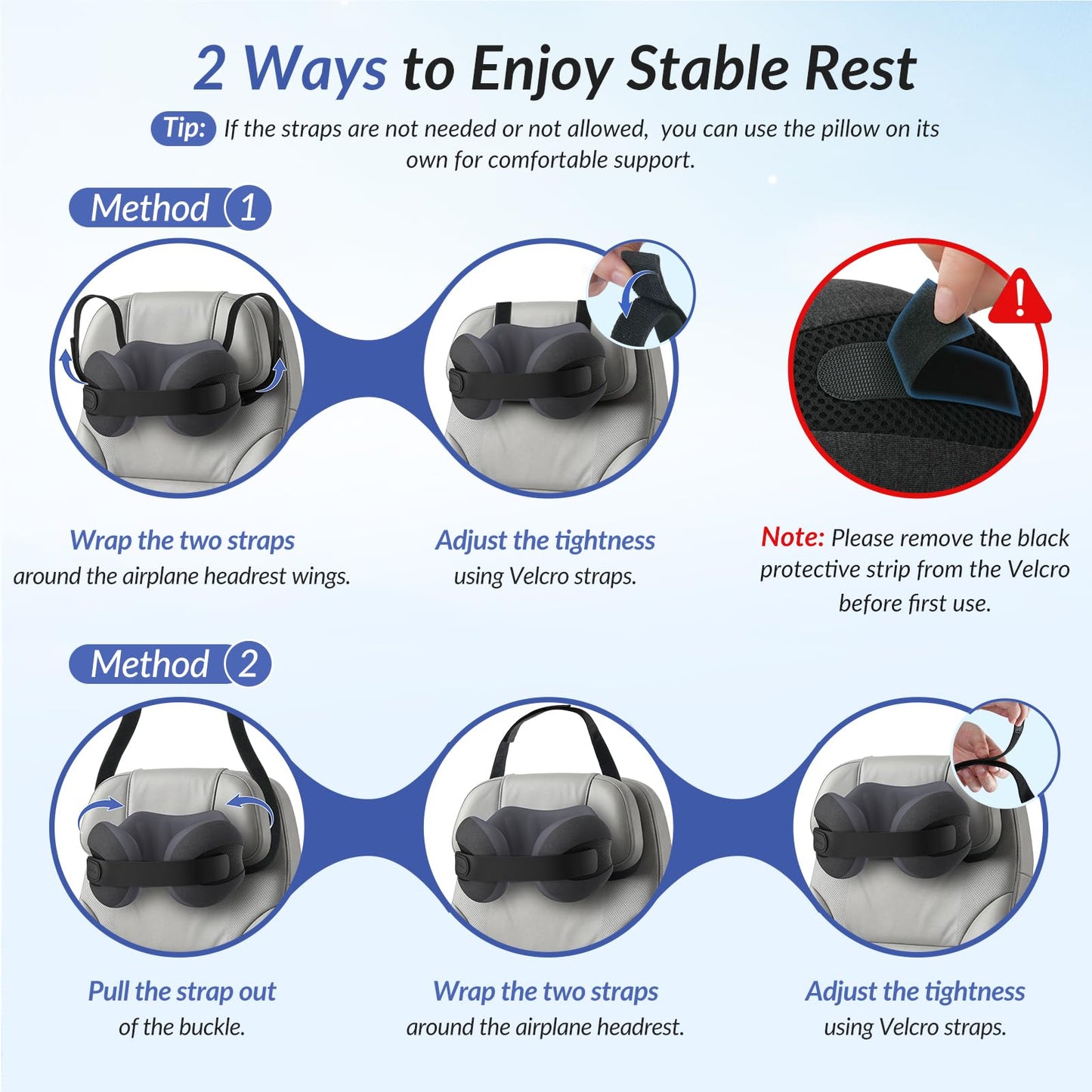 ZIKEE Dual-Layer Memory Foam Neck Pillow for Airplane, Travel Pillow with Seat Straps to Secure Head & Neck, Ergonomic Ear-Friendly Neck Pillow for Traveling with Breathable Vent Holes, Airy Cover