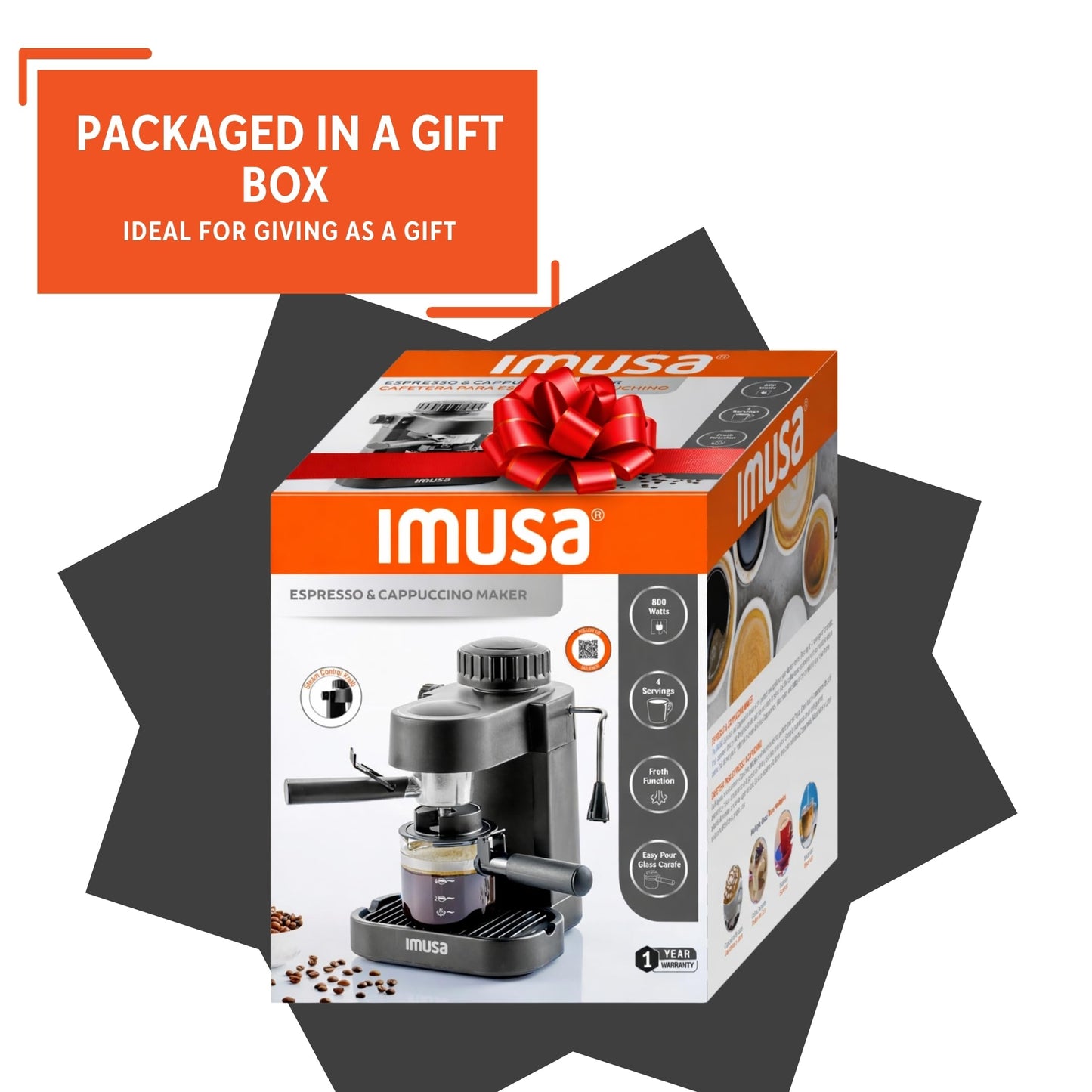 IMUSA Electric Espresso Cappuccino Maker 4 Cup Capacity with Milk Frother Black Coffee Machine for Home Barista Experience