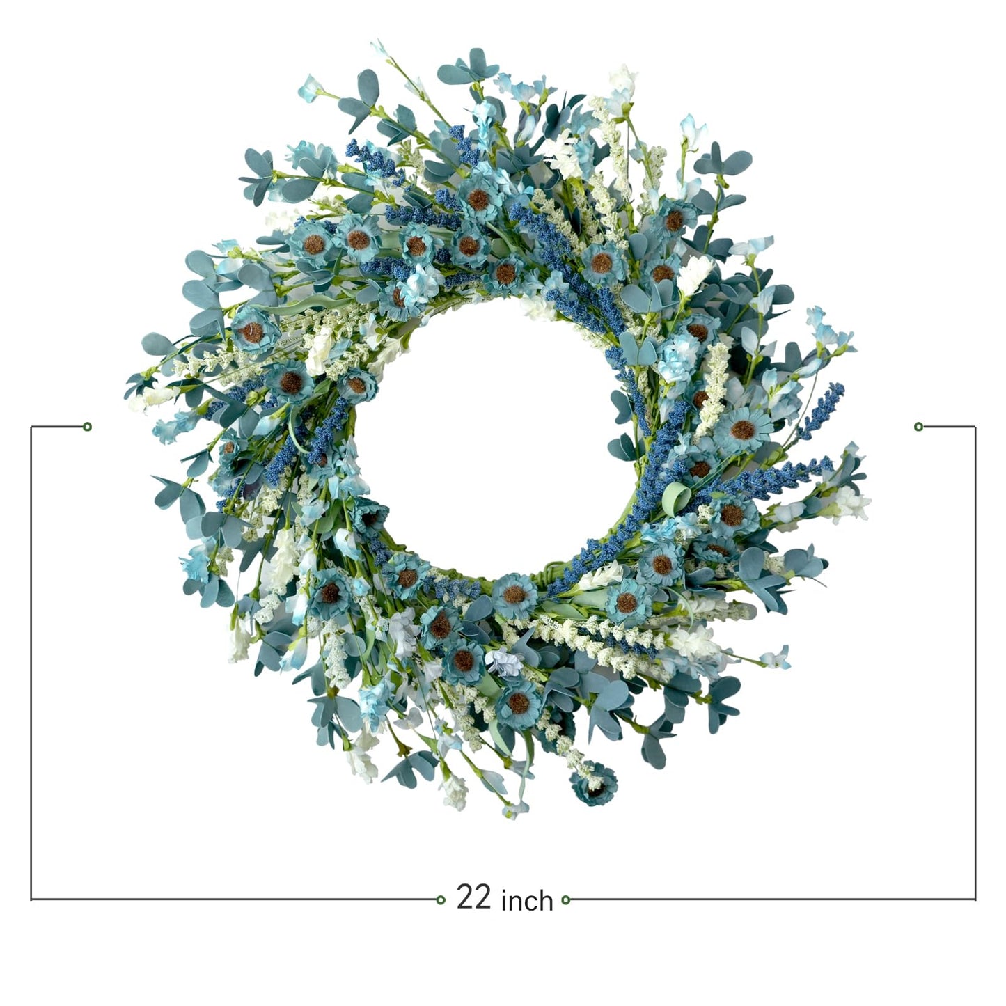 Bibelot 22 Inch Spring Wreath Blue with Green Leaves Wreaths Blue Daisy Artificial Grains White Flower Wreath for Front Door Wreaths, Summer Farmhouse Decor Indoor&Outdoor Wedding Wall Home