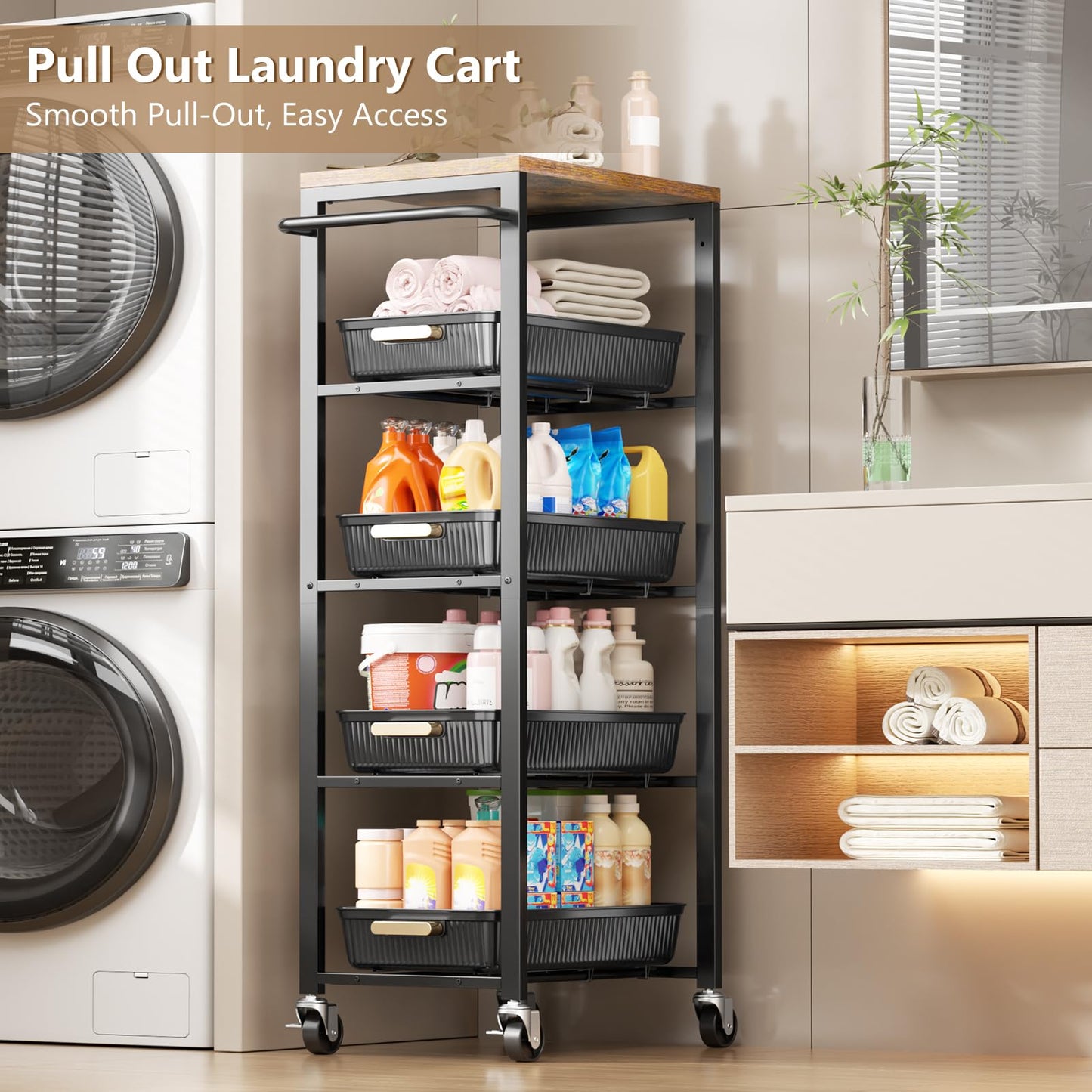 Vivihomety 5-Tier Rolling Utility Cart with Wheels, Kitchen Storage Cart with Wooden Top & Pull-Out Mesh Baskets, Large Capacity Organizer for Kitchen, Bathroom, Laundry Room Black
