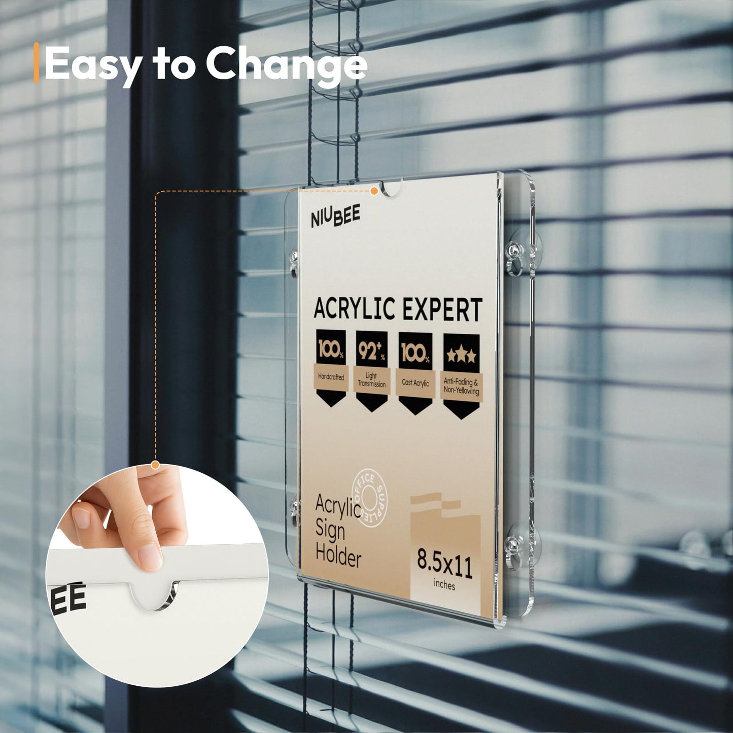 NIUBEE Acrylic Window Sign Holder with Suction Cups 8.5 X 11, Clear Acrylic Frames Glass Door Mount, Displaying Flyers, Notices and Menus, for Office, Store, Home, Restaurant (6 Pack)