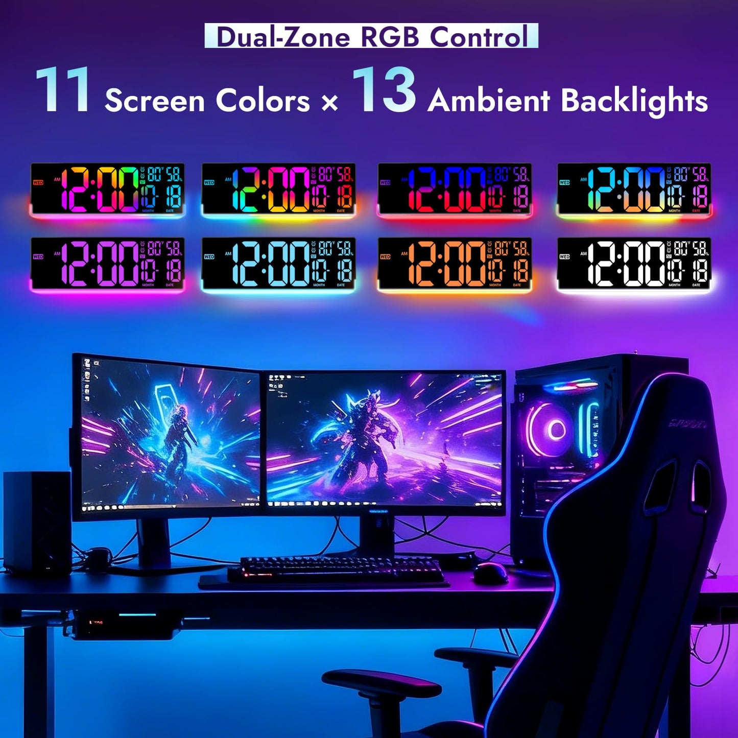 16.5" Large Digital Wall Clock: 11 Screen Colors and 13 U-Shaped RGB Backlight Modes with Sync Screen, Auto DST, Temp & Humidity, Dual Alarm & Timer – Digital Clock for Classroom, Gym, Gaming Room