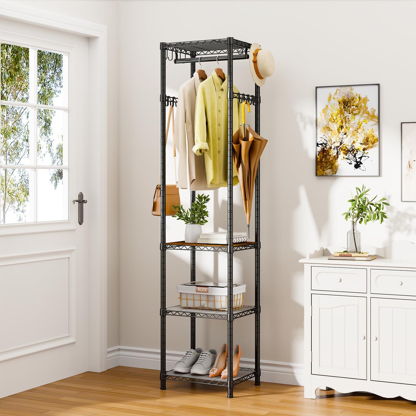 Roxibelt R1 Clothes Rack Heavy Duty, Clothing Racks for Hanging Clothes, Garment Rack with Storage Shelves, Small Coat Rack Freestanding for Entryway, Hallway, Bedroom, Max Load 448 Lbs, Black