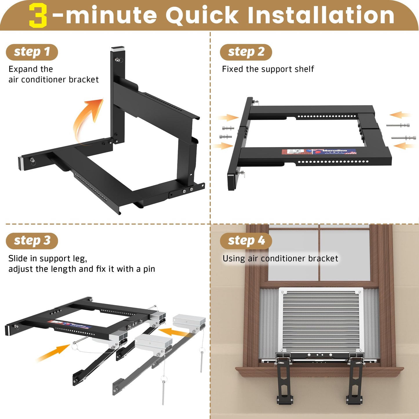 Marudina Adjustable Window AC Bracket, Quick Installation in 3minutes Without Drilling, Upgraded Extra Large Adjustment Range, Air Conditioner Support Bracket No Drill w/ Max Load Capacity of 300 lbs
