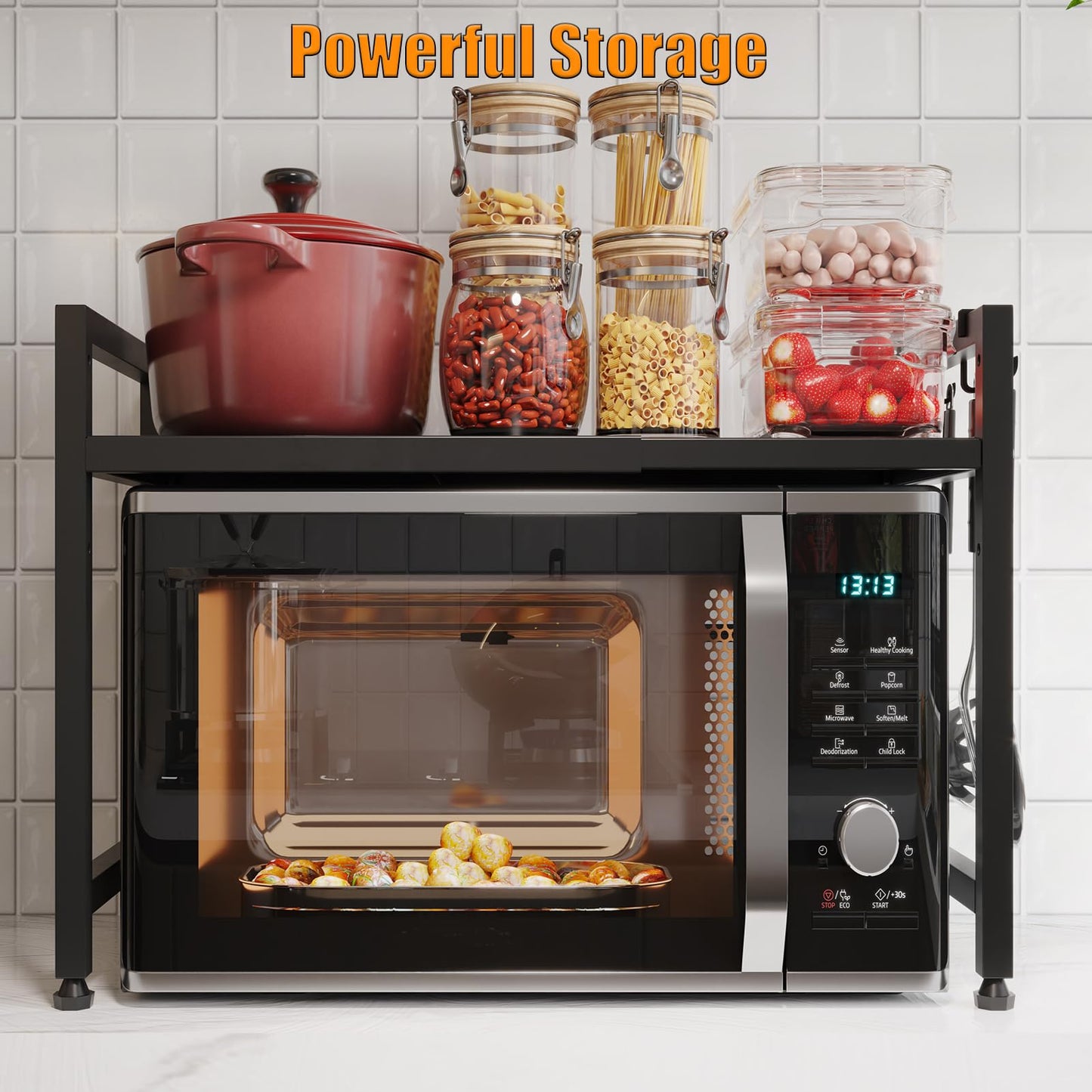 Extendable Microwave Oven Stand, Adjustable Microwave rack Toaster Shelf, Heavy Duty Rack 2 Tier Kitchen Counter Top Organizer with 6 Hooks for Kitchen