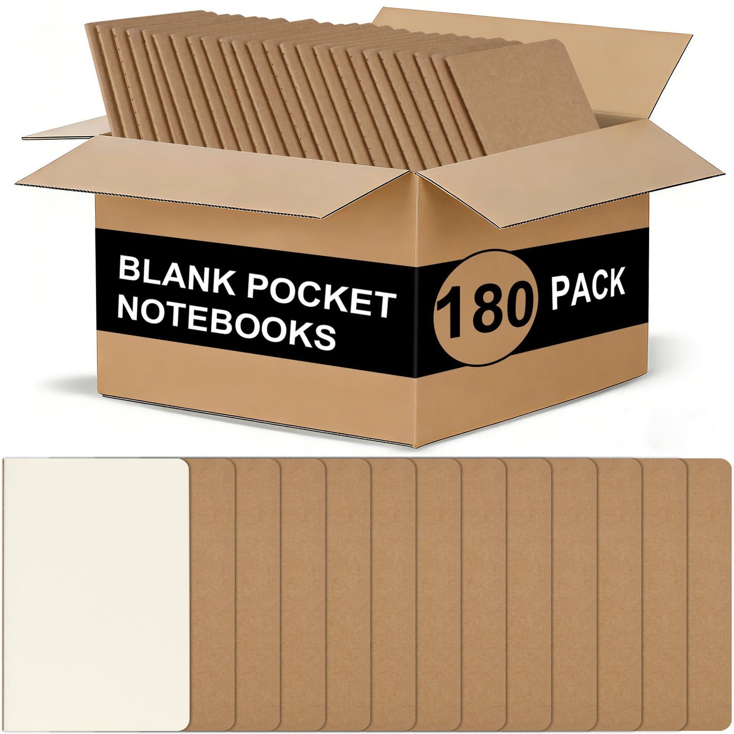 ZCZN 180 Pack Kraft Pocket Notebooks Bulk, 3.5 X 5.5 Inches Blank Paper Journaling Notebooks, 30 Sheets/60 Pages, Mini Journal Notebooks for Work, Writing, Drawing Memo Notepad(Kraft Cover)
