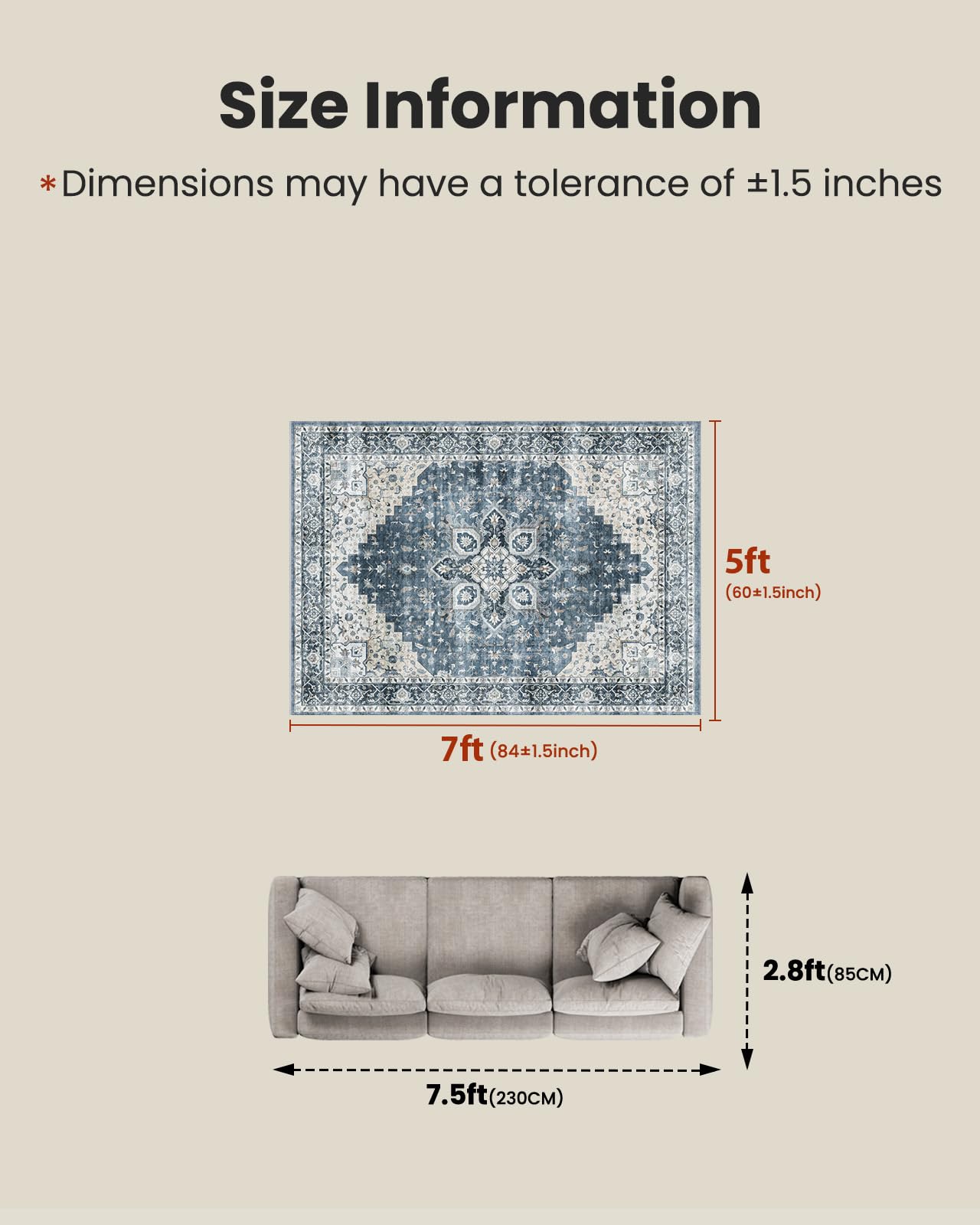 AMADA HOMEFURNISHING 5x7 Area Rugs, Washable Living Room Rug Low-Profile with Non-Slip Backing & Durable Edge Binding, Vintage 5x7 Rugs for Living Room, Bedroom, Dinning Room