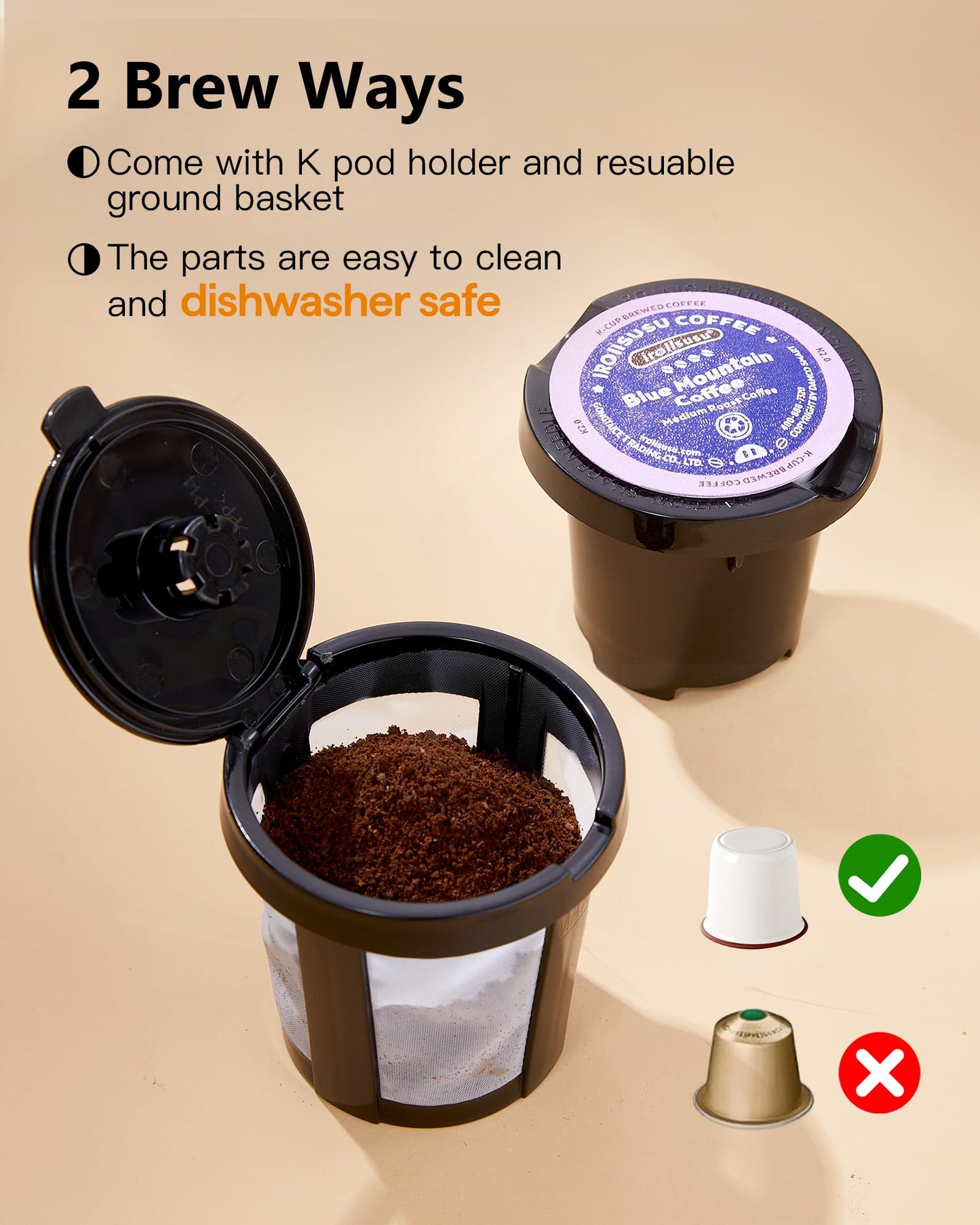 Tastyle Single Serve One Cup Coffee Maker, for K Cups and Grounds, Mini Coffee Maker with Portable Handle, 6 to 12 Oz Brew Size, for Travel, Camping, Office, RV and Dorm, 120V, White and Brown