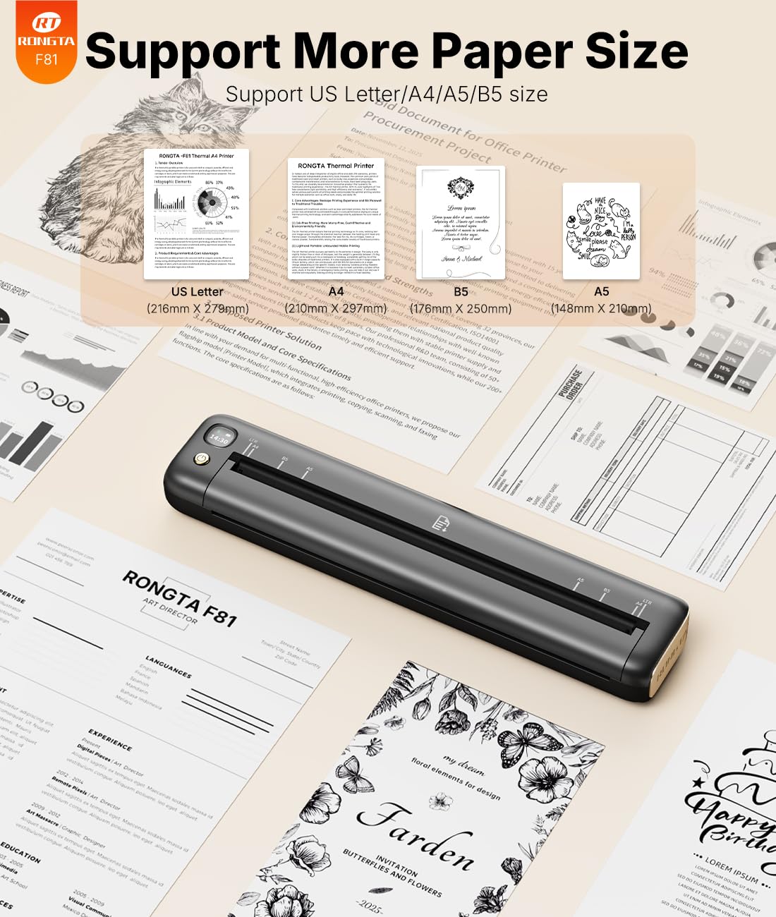 Rongta Portable Printer, Bluetooth Inkless Thermal Printer Wireless for Travel, Compatible with Android iOS Phone & Laptop, Supports 8.5" X 11" US Letter for Office, Home, Car, F81 (Gray)