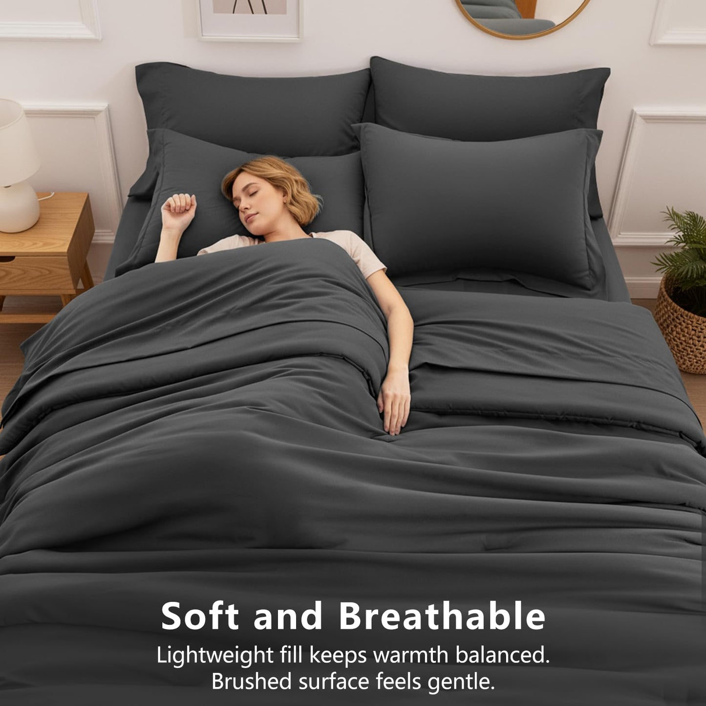 HIMEET Full Size Comforter Sets - 7 Pieces Bed in a Bag Full, Luxury Comforter Set with Sheets for All Season, Bed Set with Comforter, Flat Sheet, Fitted Sheet, Pillowcases & Shams, Dark Grey
