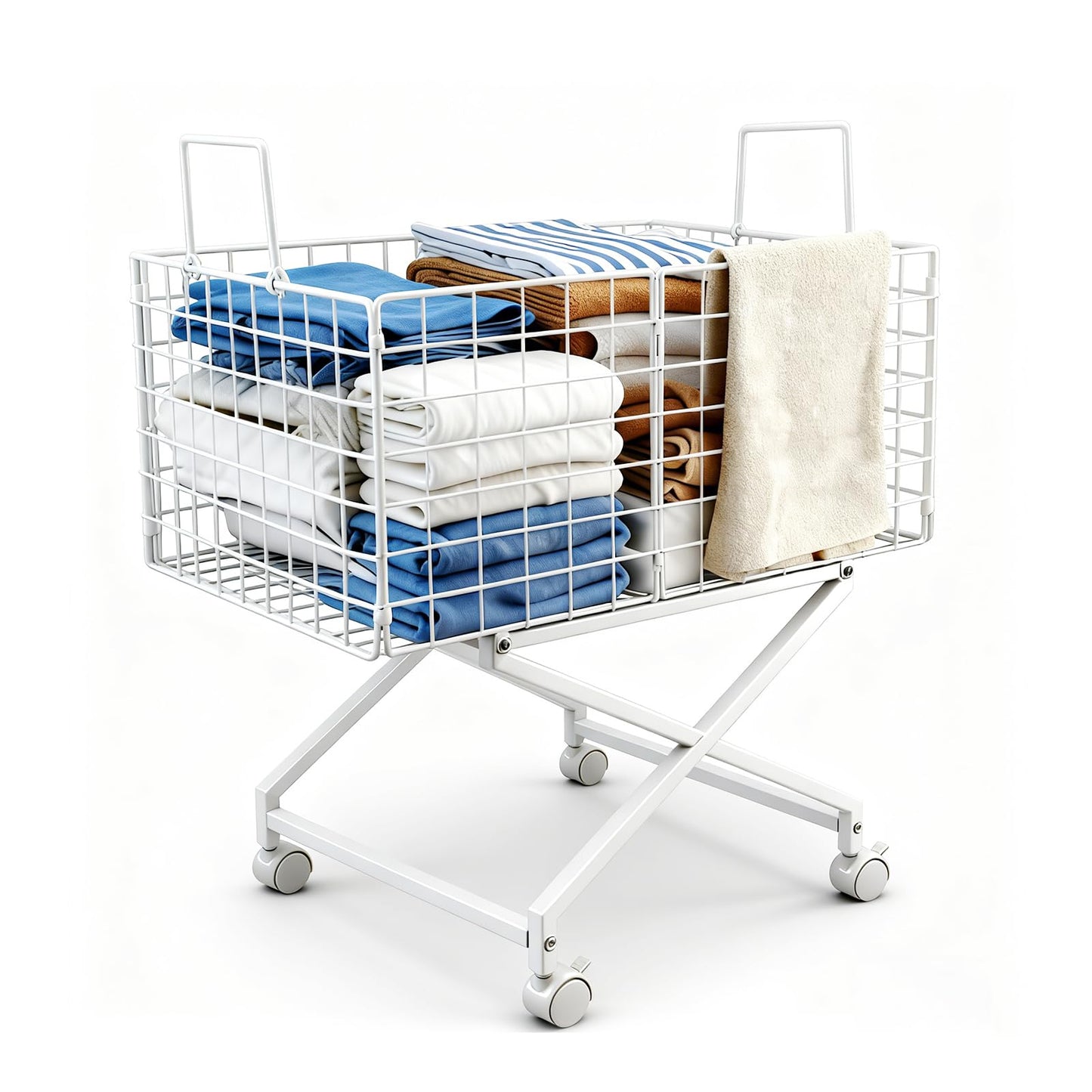Rolling Laundry Basket with Wheels - 27" Elevated Wire Laundry Hamper, 80L Sturdy Metal Laundry Cart, 10-Min 8-Screw Assembly, Ergonomic No-Bending Mobile Clothes Bin for Laundry Room (White)