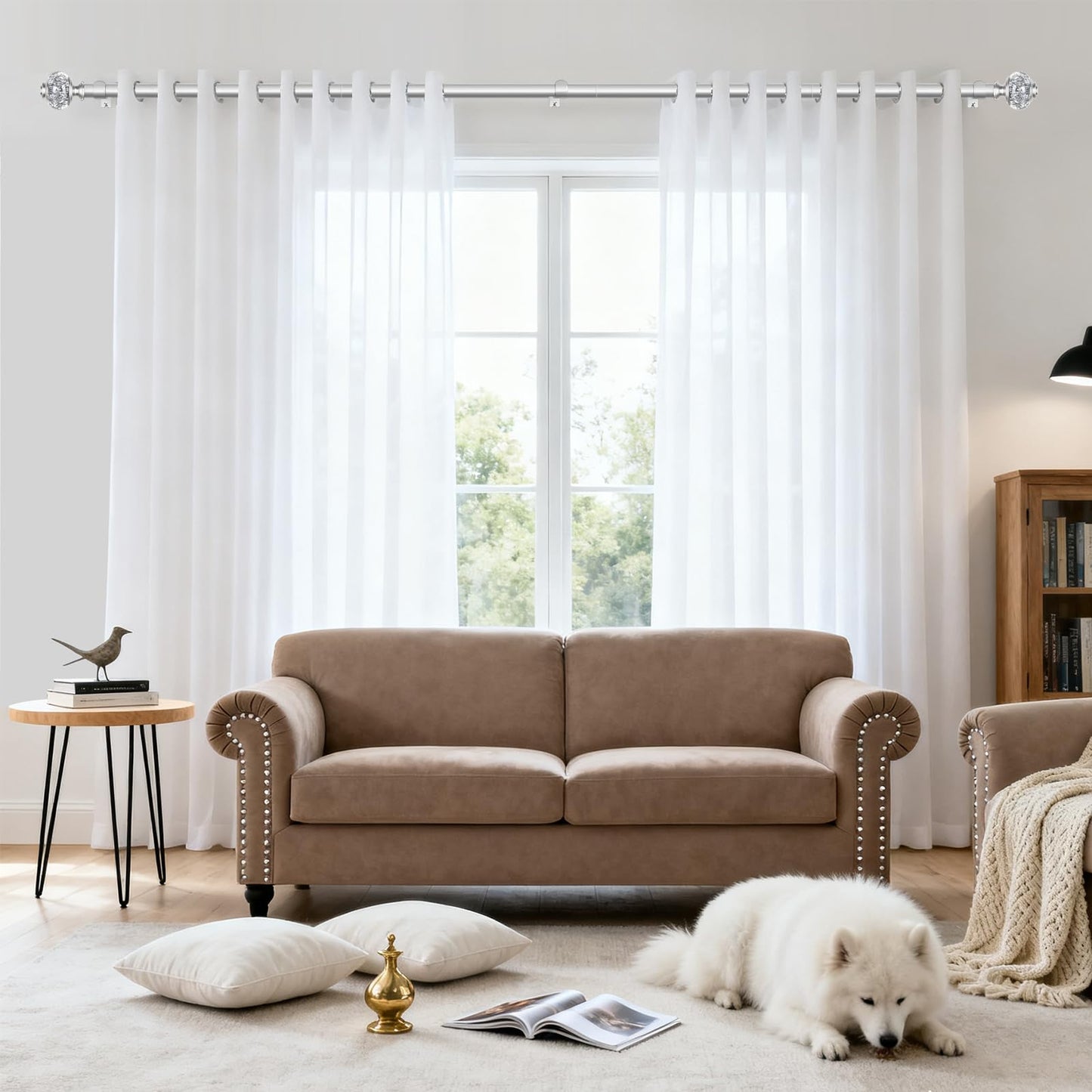 2 Pack Curtain Rod 32 to 58 Inches (2.6-4.8ft), USFOOK 7/8 Inch Telescoping Splicing Curtain rods for Windows 20 to 54 Inch, Silver Decorative Drapery Rods for Home with Translucent Finials
