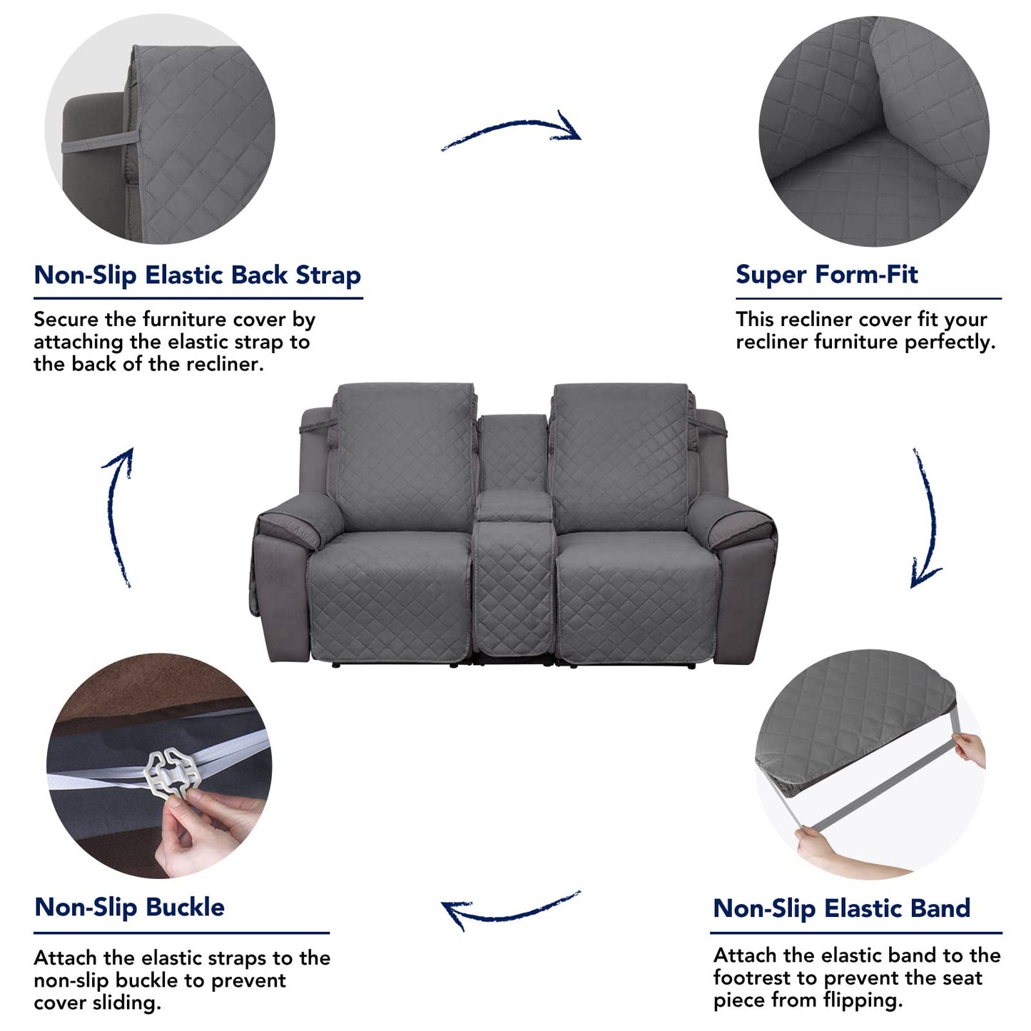 PureFit Water Resistant Reversible Loveseat Recliner Couch Cover for Double with Console – Non Slip Split Sofa Cover, Washable Reclining Cover for 2 Seat Recliner (2 Seat, Gray/Light Gray)
