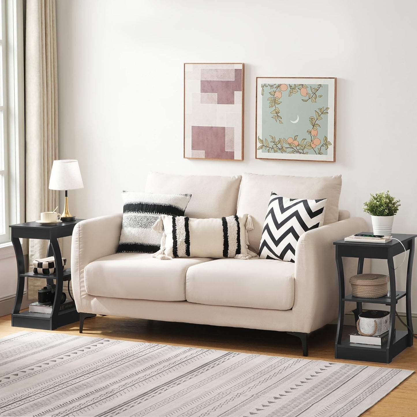 MAHANCRIS End Tables Living Room, Black End Table with Charging Station, Nightstand for Bedroom, 3 Tier Side Table with Storage Shelf for Living Room, Modern Bedside Table, Small Space, ETBK53E01