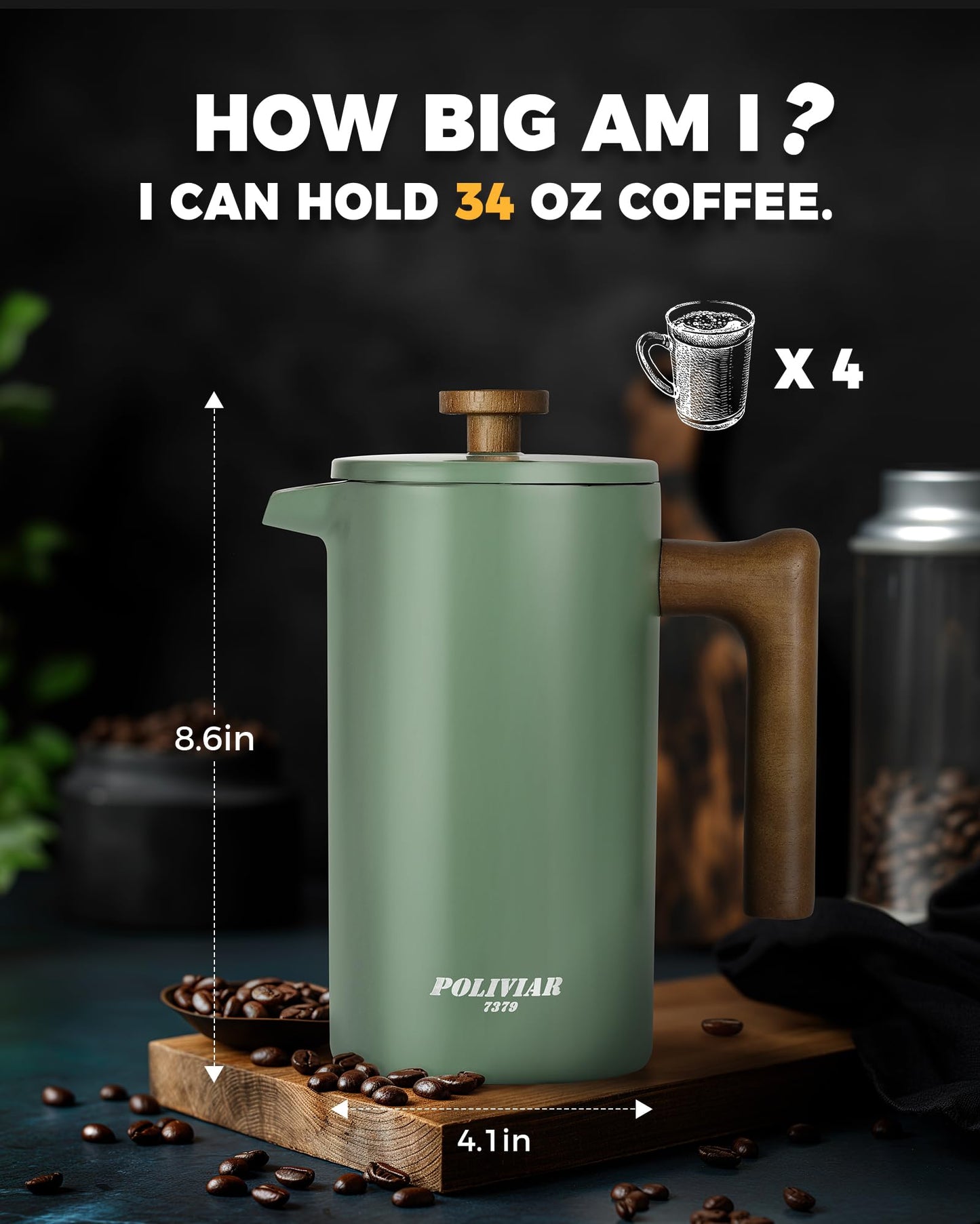POLIVIAR French Press Coffee Maker, 34 oz Coffee Press with Real Wood Handle, Double Wall Insulation & Dual-Filter Screen, Food Grade Stainless Steel for Good Coffe and Tea (Flatland)