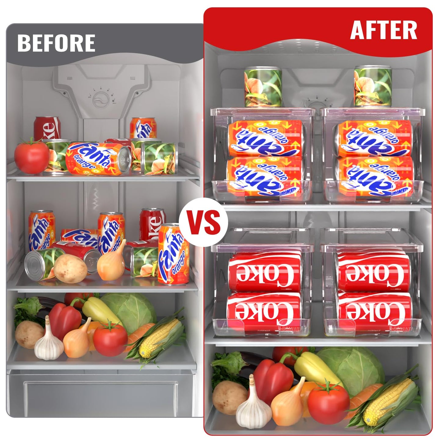 SCAVATA 2 Pack Stackable Refrigerator Organizer, Soda Can Dispenser Pop Cans Container Beverage Holder with Lid for Fridge, Freezer, Kitchen, Clear Plastic Storage Bins-Holds 10 Cans Each