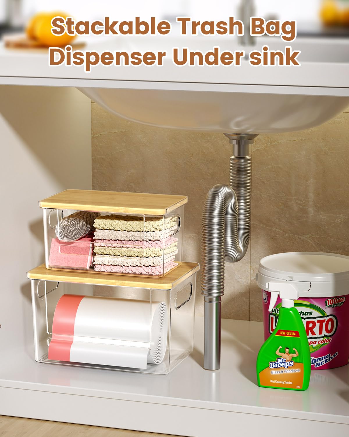 Trash Bag Dispenser 2 Pack, Stackable Trash Bag Holder with Bamboo Lid – Clear Plastic Garbage Bag Organizer for 4-33 Gal Bags, Space-Saving Under Sink Organizer for Kitchen, Laundry, Pantry