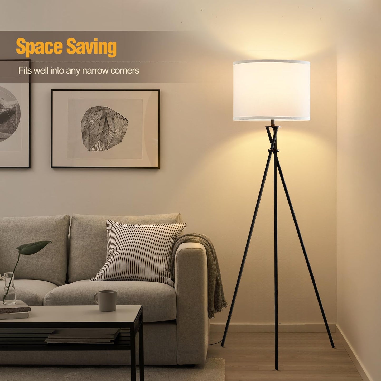 Floor Lamp for Living Room, 61'' Modern Tripod Floor Lamps with White Shade & Rotary Switch, Black Floor lamp for Bedroom, Office, Simple Design Lamp